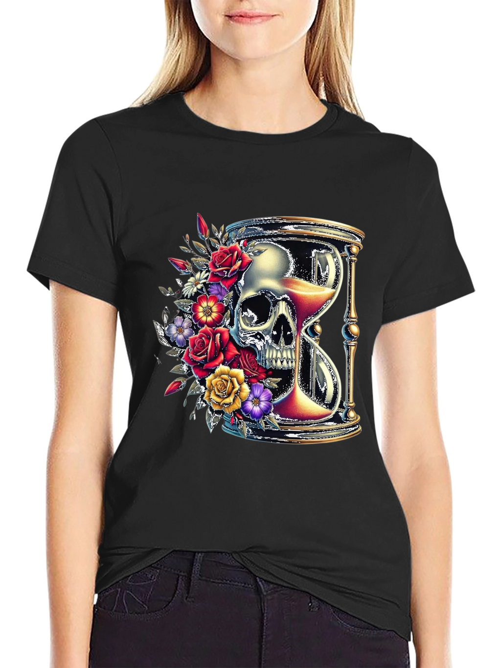 Floral Skull Hourglass Graphic Tee - Unique Design
