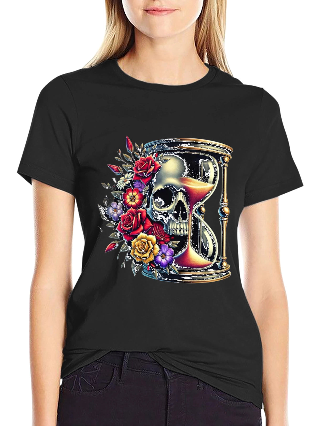 Floral Skull Hourglass Graphic Tee - Unique Design