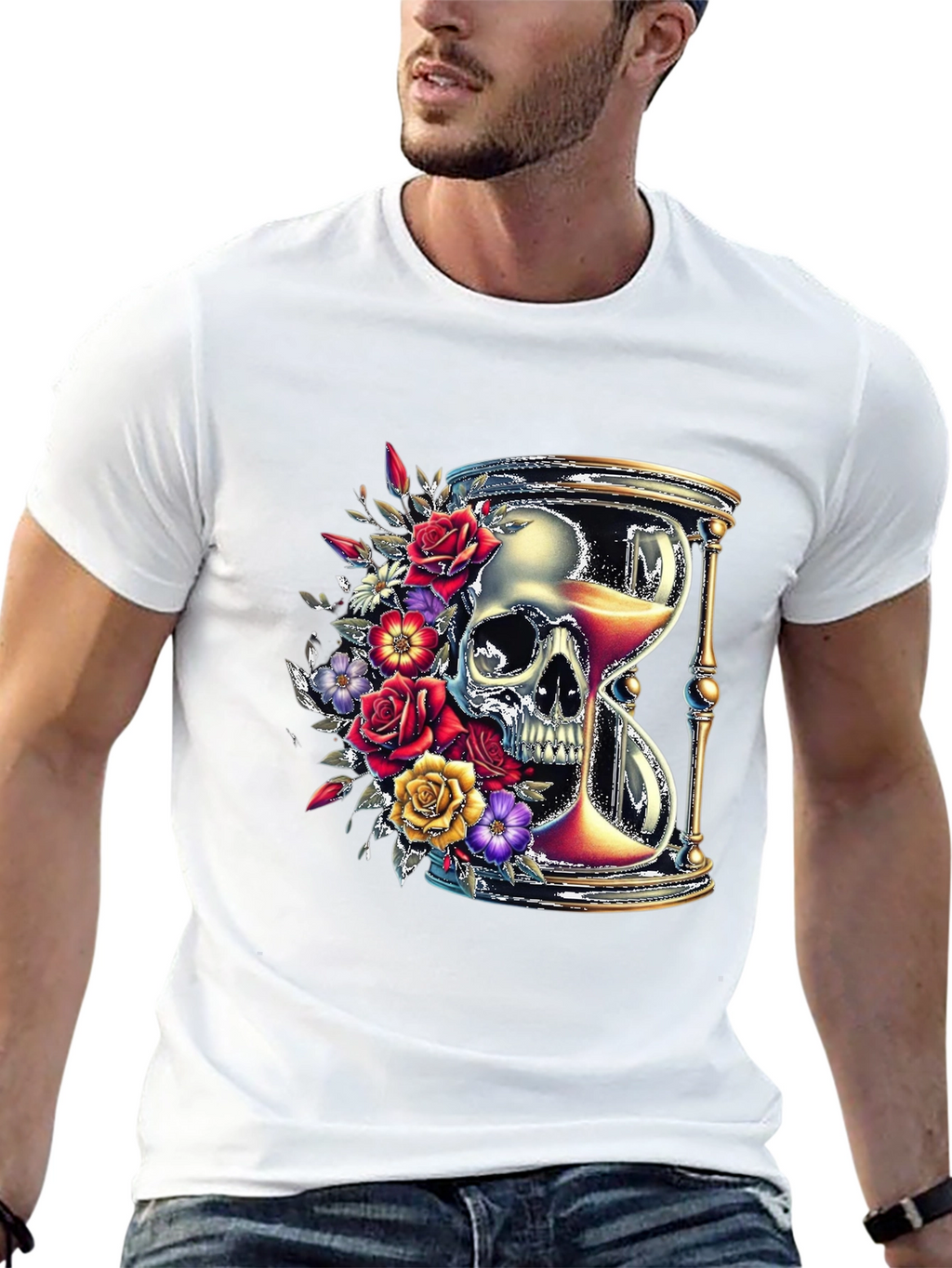 Floral Skull Hourglass Graphic Tee - Unique Design