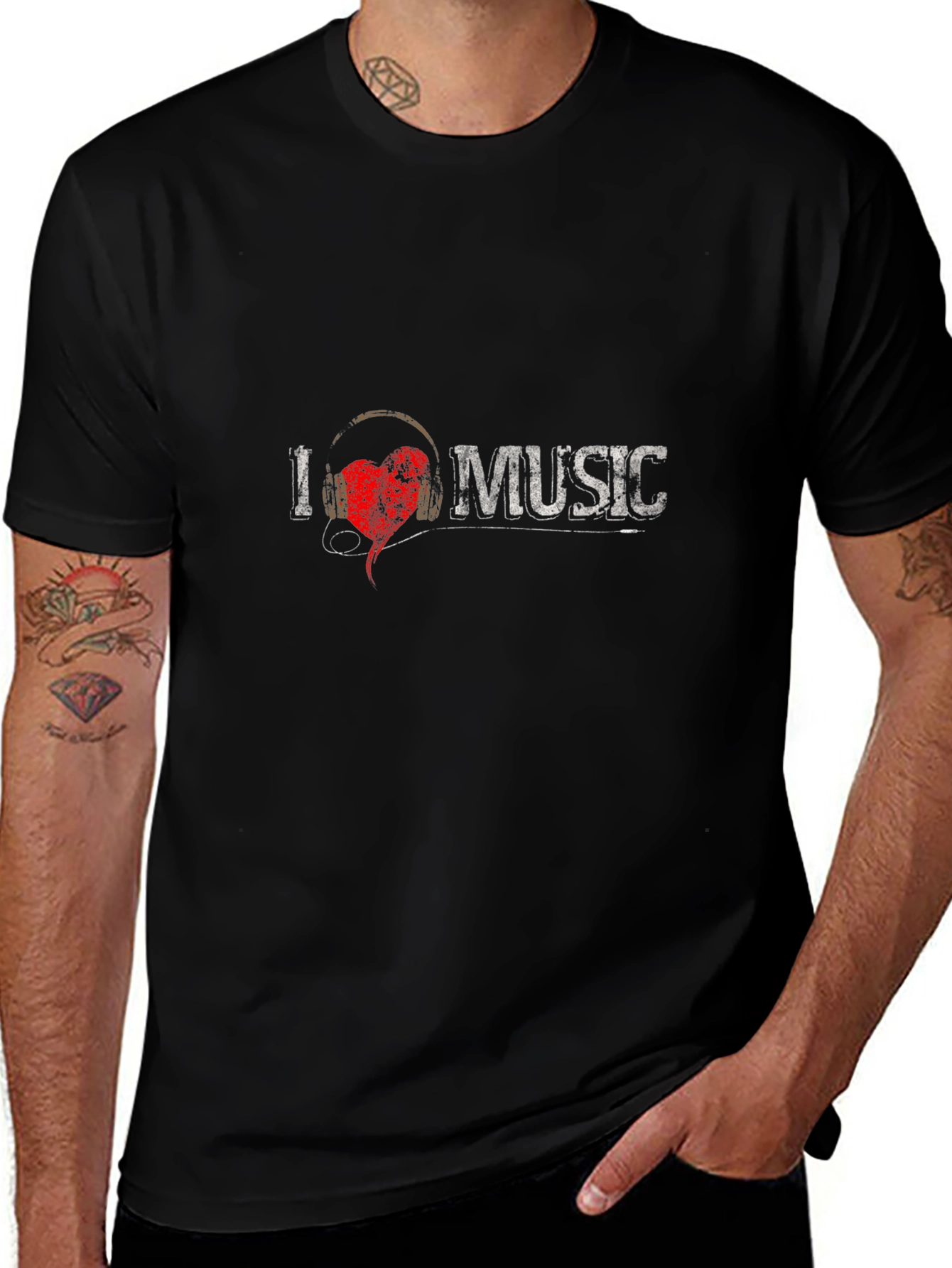 I Love Music Graphic Tee - Black Cotton Blend T-Shirt