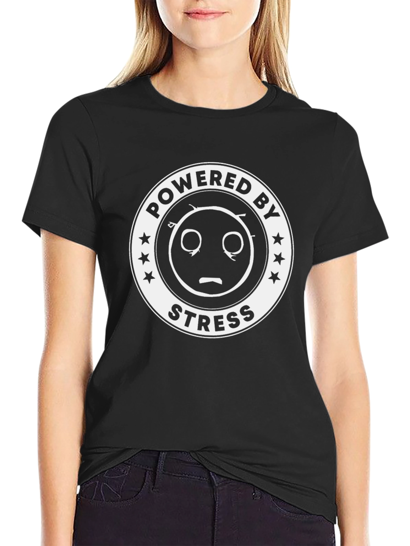 Powered By Stress T-Shirt - Funny Graphic Tee