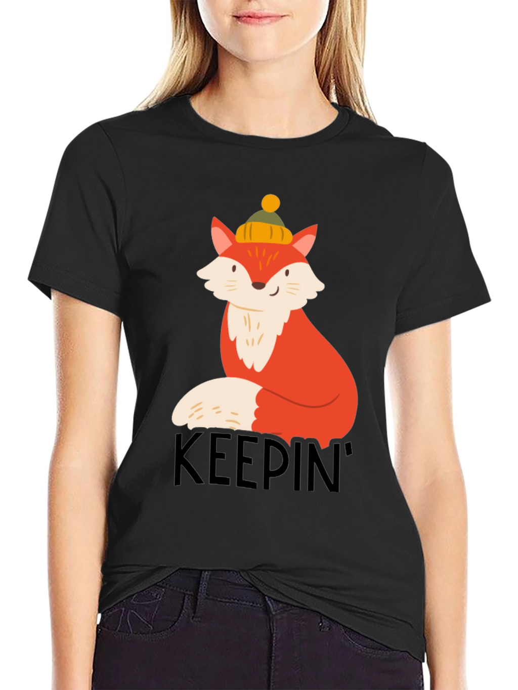 Keepin Cozy Fox Graphic Tee - Black Crew Neck