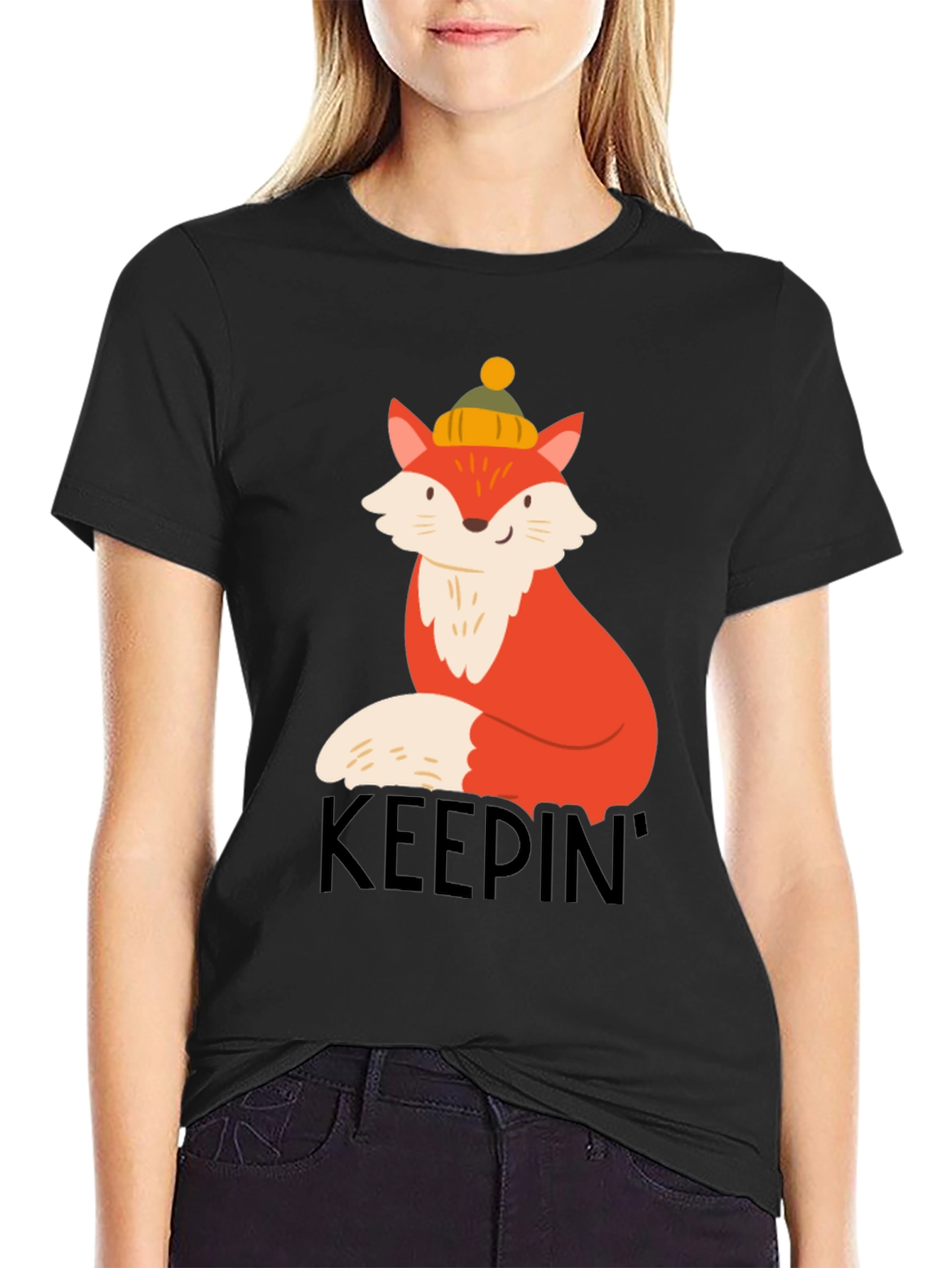 Keepin Cozy Fox Graphic Tee - Black Crew Neck
