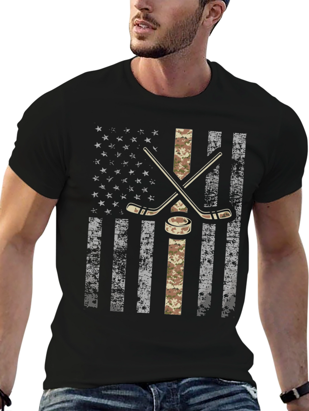 American Flag Hockey T-Shirt - Camo Design
