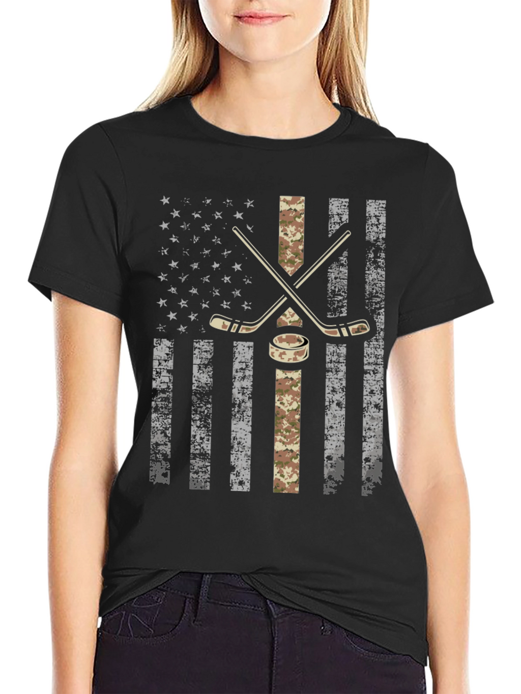 American Flag Hockey T-Shirt - Camo Design