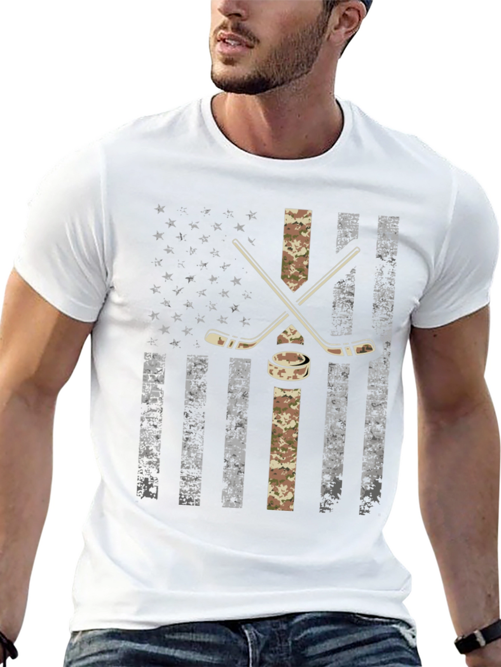 American Flag Hockey T-Shirt - Camo Design