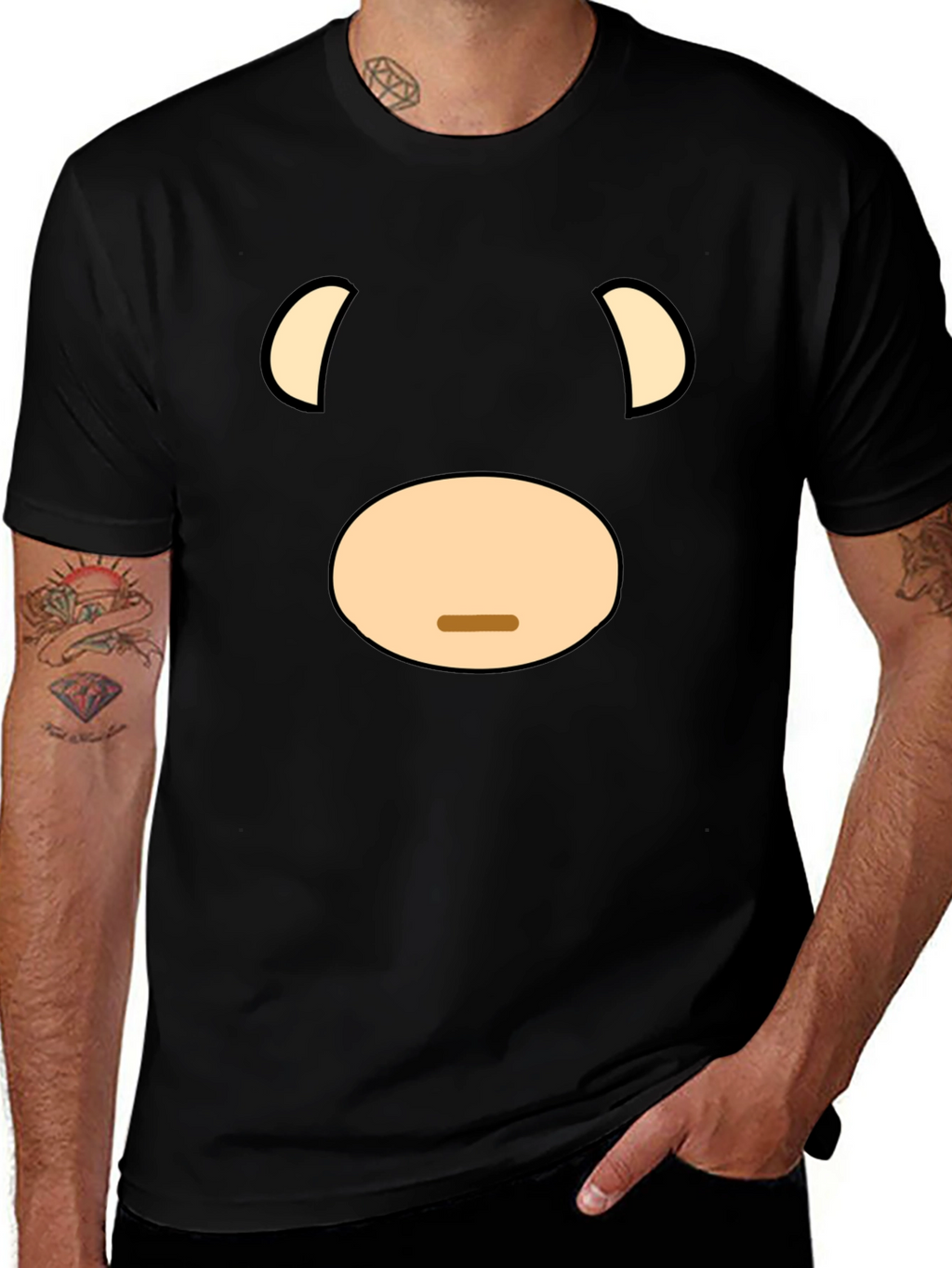 Funny Cartoon Bear Face Graphic Black T-Shirt