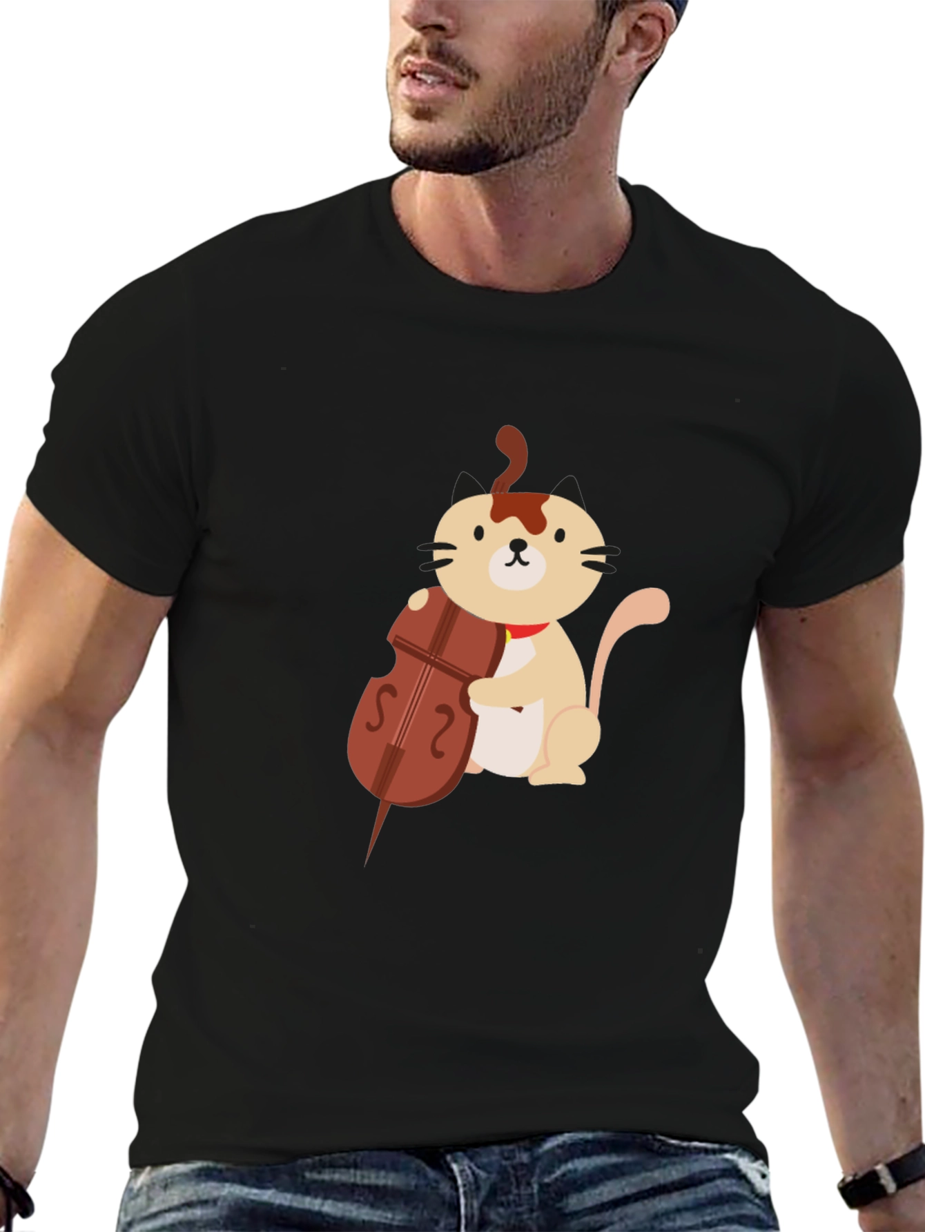 Cat Playing Cello Graphic Tee - Black Unisex T-Shirt