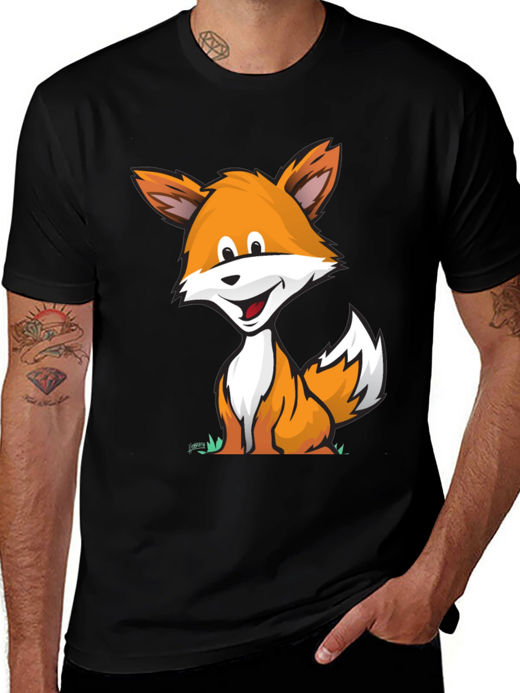Cartoon Fox Graphic Tee -  Comfortable Black T-Shirt