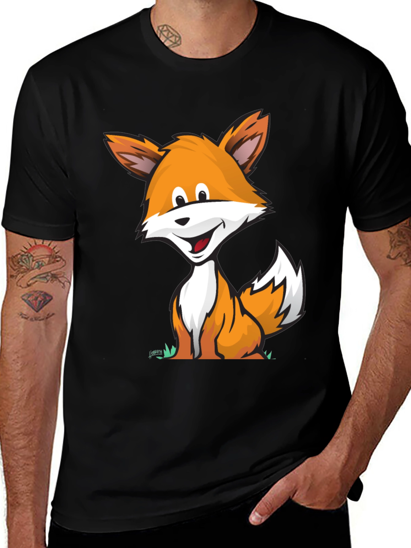 Cartoon Fox Graphic Tee -  Comfortable Black T-Shirt