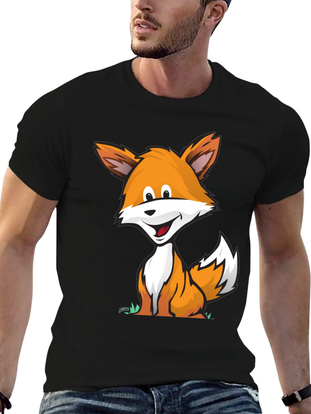 Cartoon Fox Graphic Tee -  Comfortable Black T-Shirt