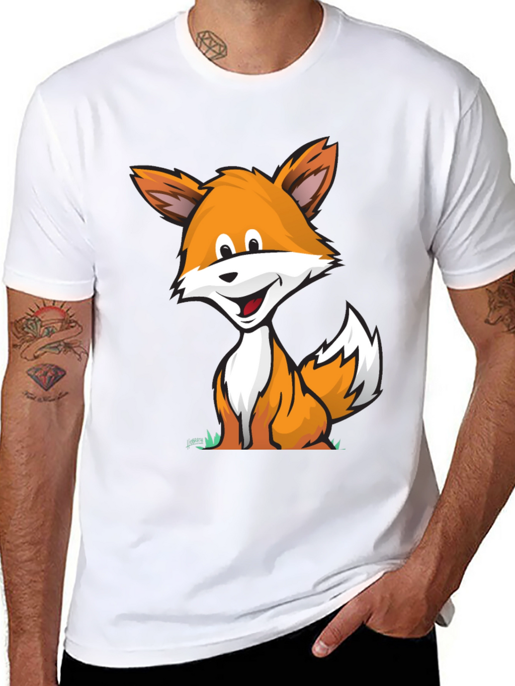 Cartoon Fox Graphic Tee -  Comfortable Black T-Shirt