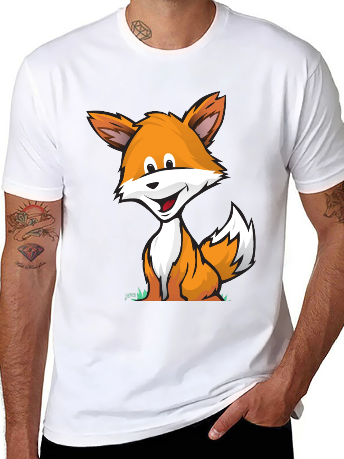 Cartoon Fox Graphic Tee -  Comfortable Black T-Shirt