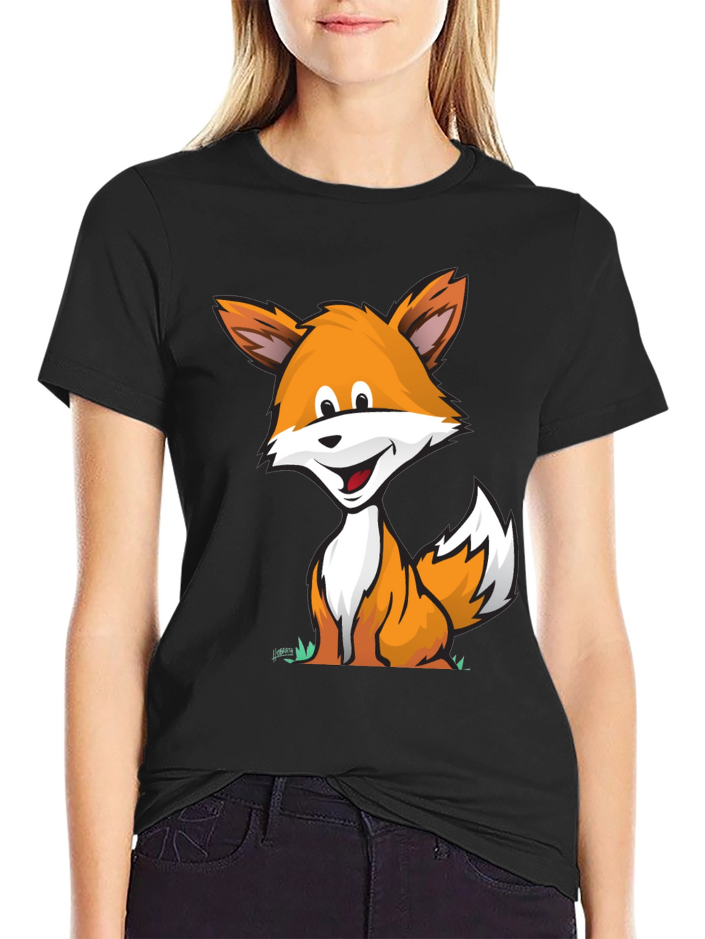 Cartoon Fox Graphic Tee -  Comfortable Black T-Shirt