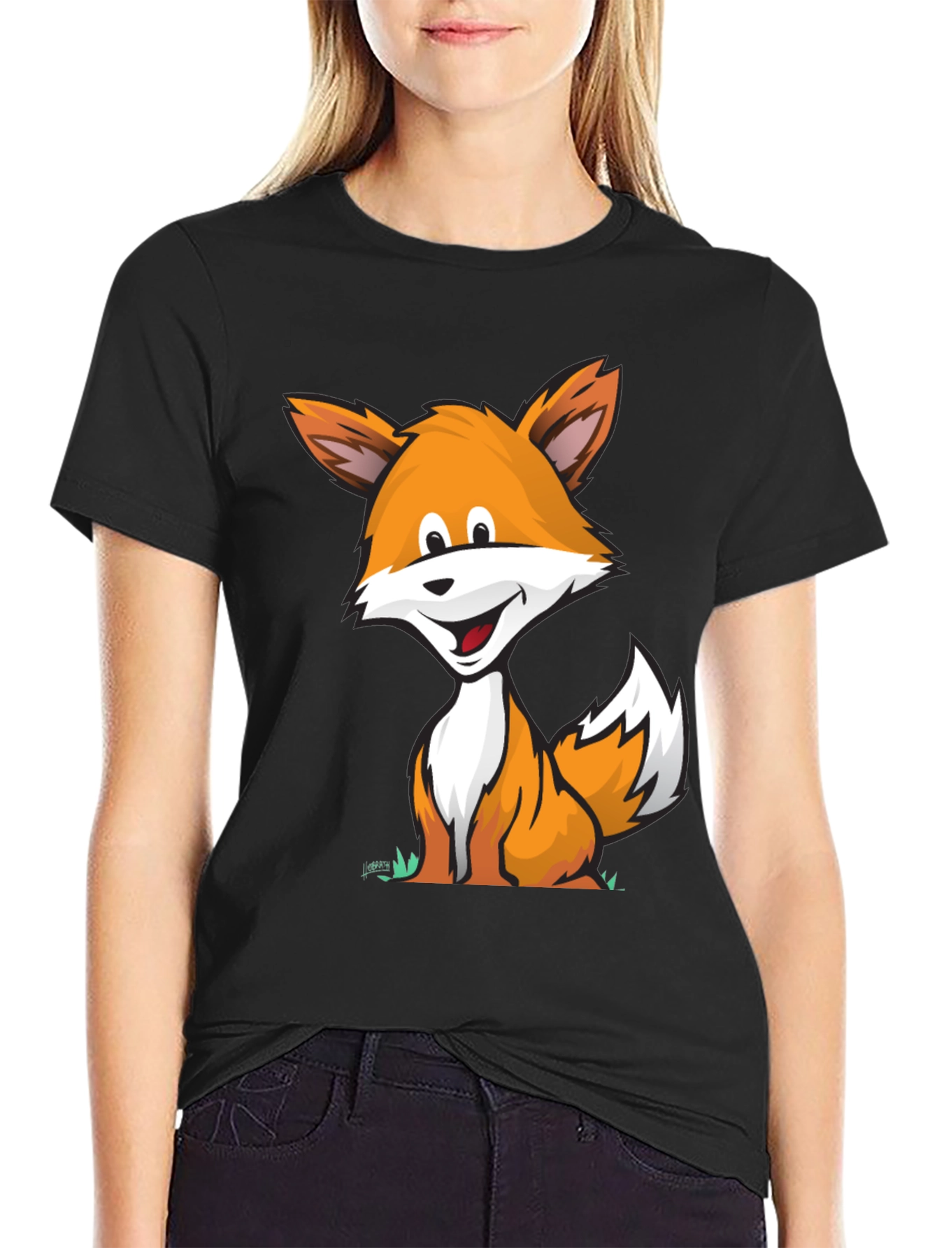 Cartoon Fox Graphic Tee -  Comfortable Black T-Shirt