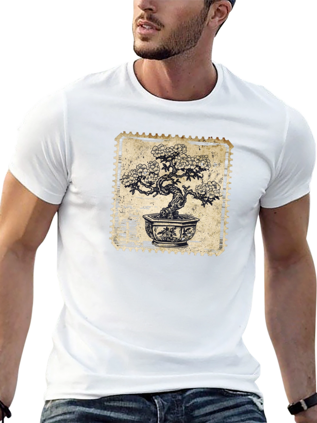 Bonsai Stamp Black T-Shirt - Nature Inspired Graphic Tee
