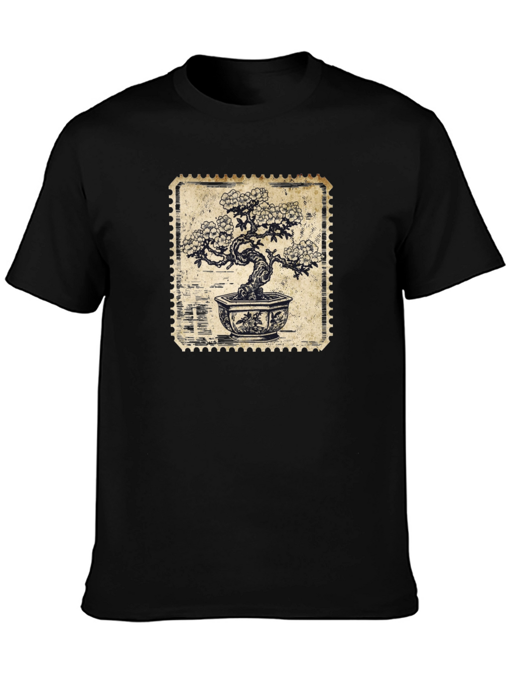 Bonsai Stamp Black T-Shirt - Nature Inspired Graphic Tee