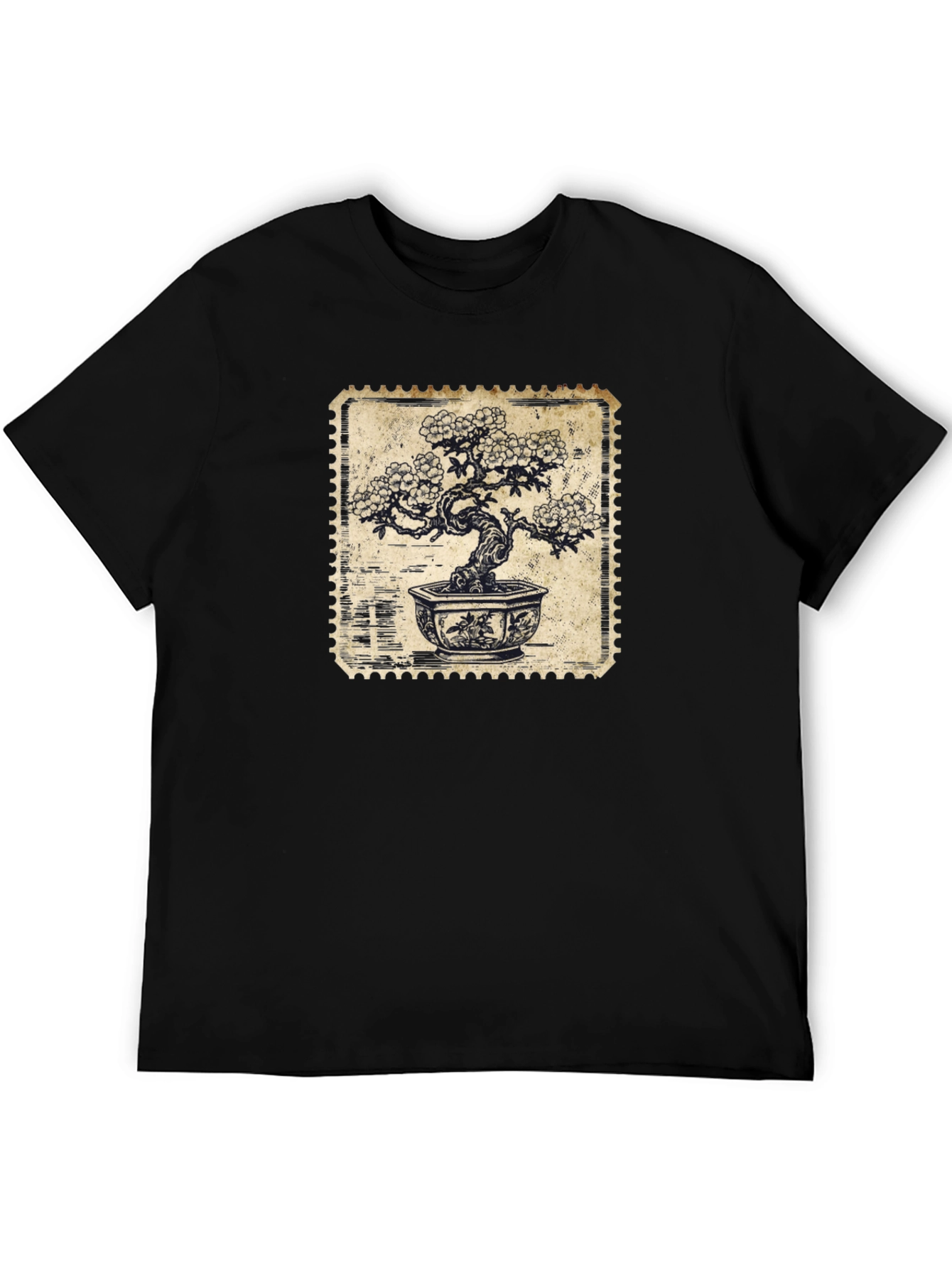 Bonsai Stamp Black T-Shirt - Nature Inspired Graphic Tee