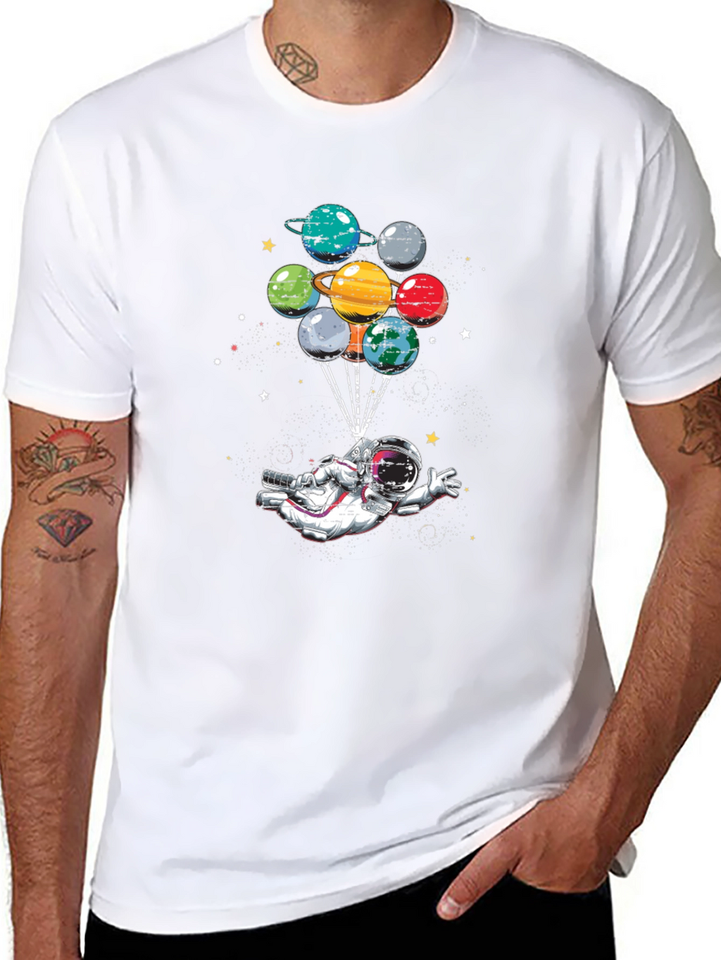 Astronaut Planet Balloon Graphic Black T-Shirt