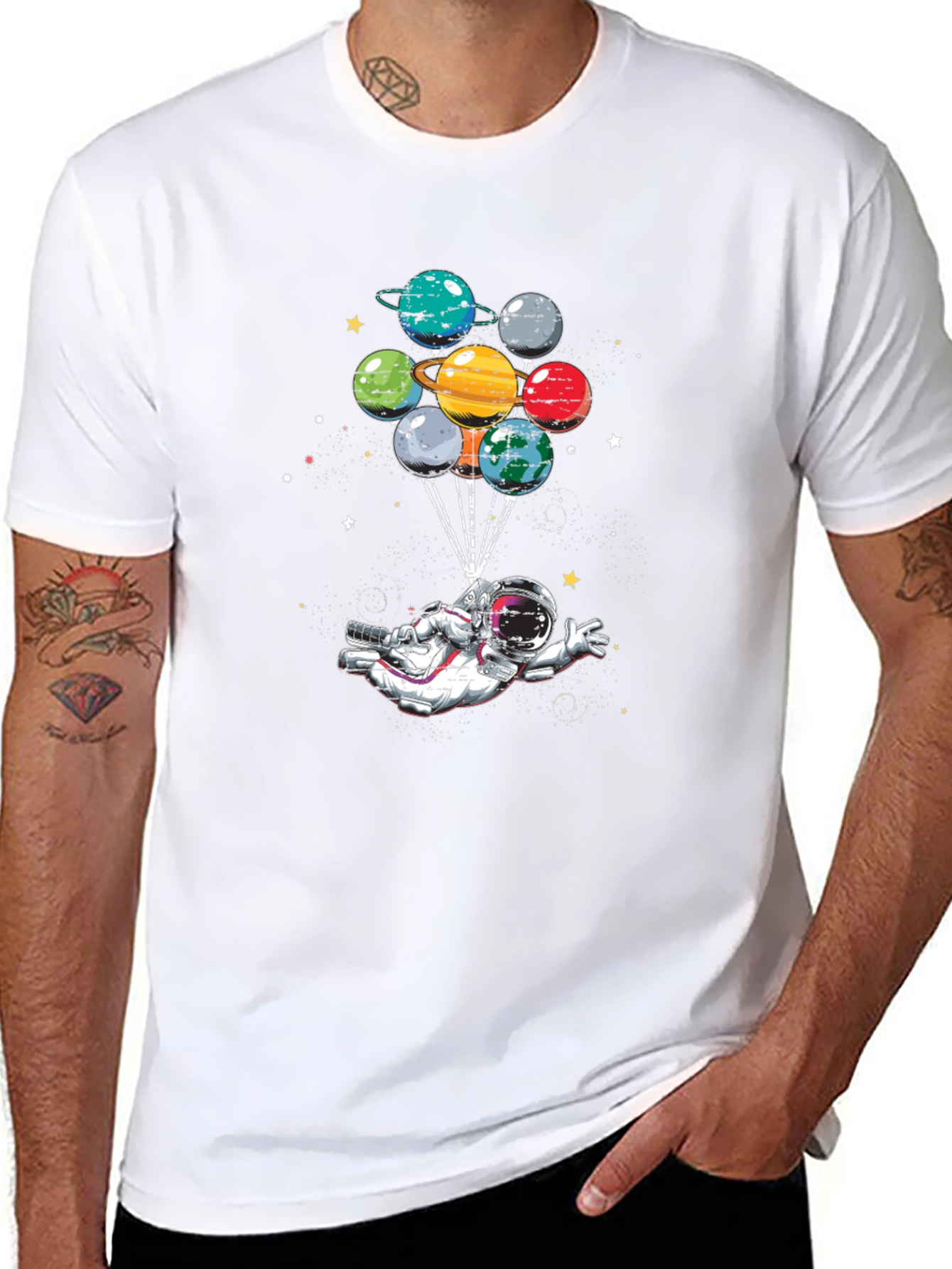 Astronaut Planet Balloon Graphic Black T-Shirt