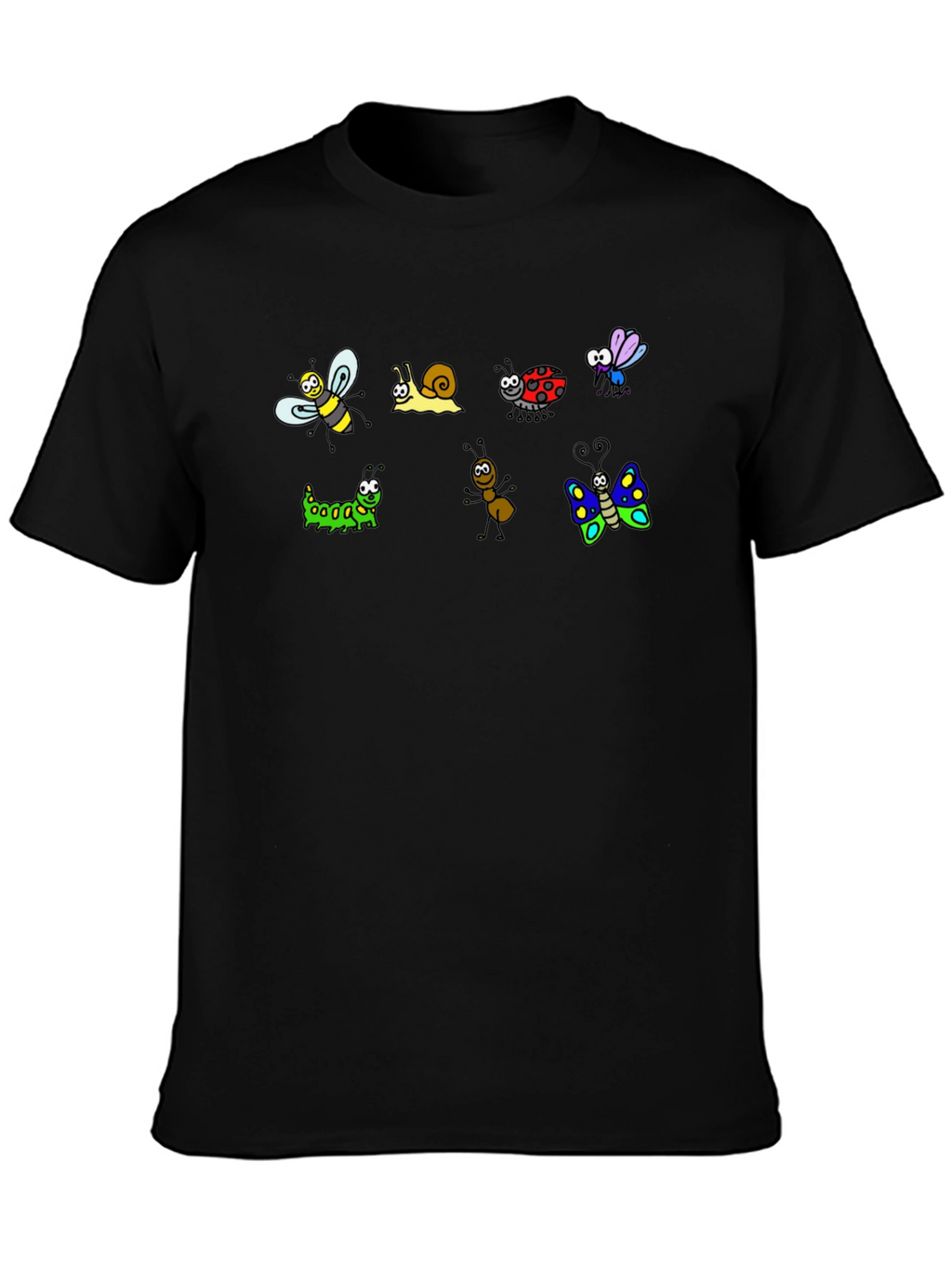 Cartoon Insects Black Cotton T-Shirt