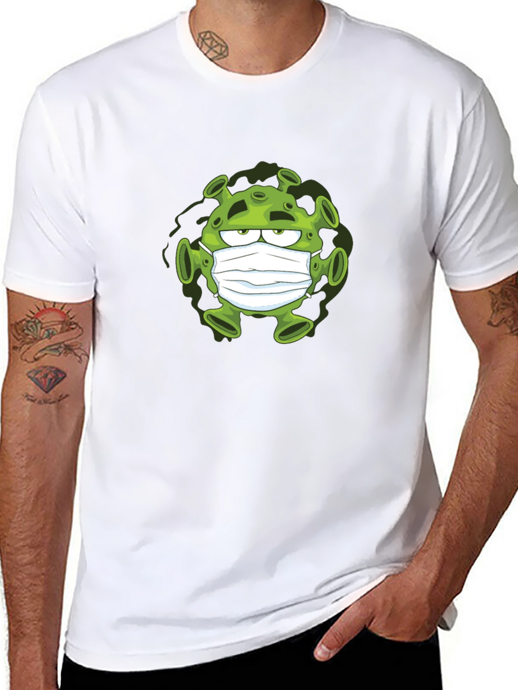 Cartoon Virus Wearing Mask Black T-Shirt