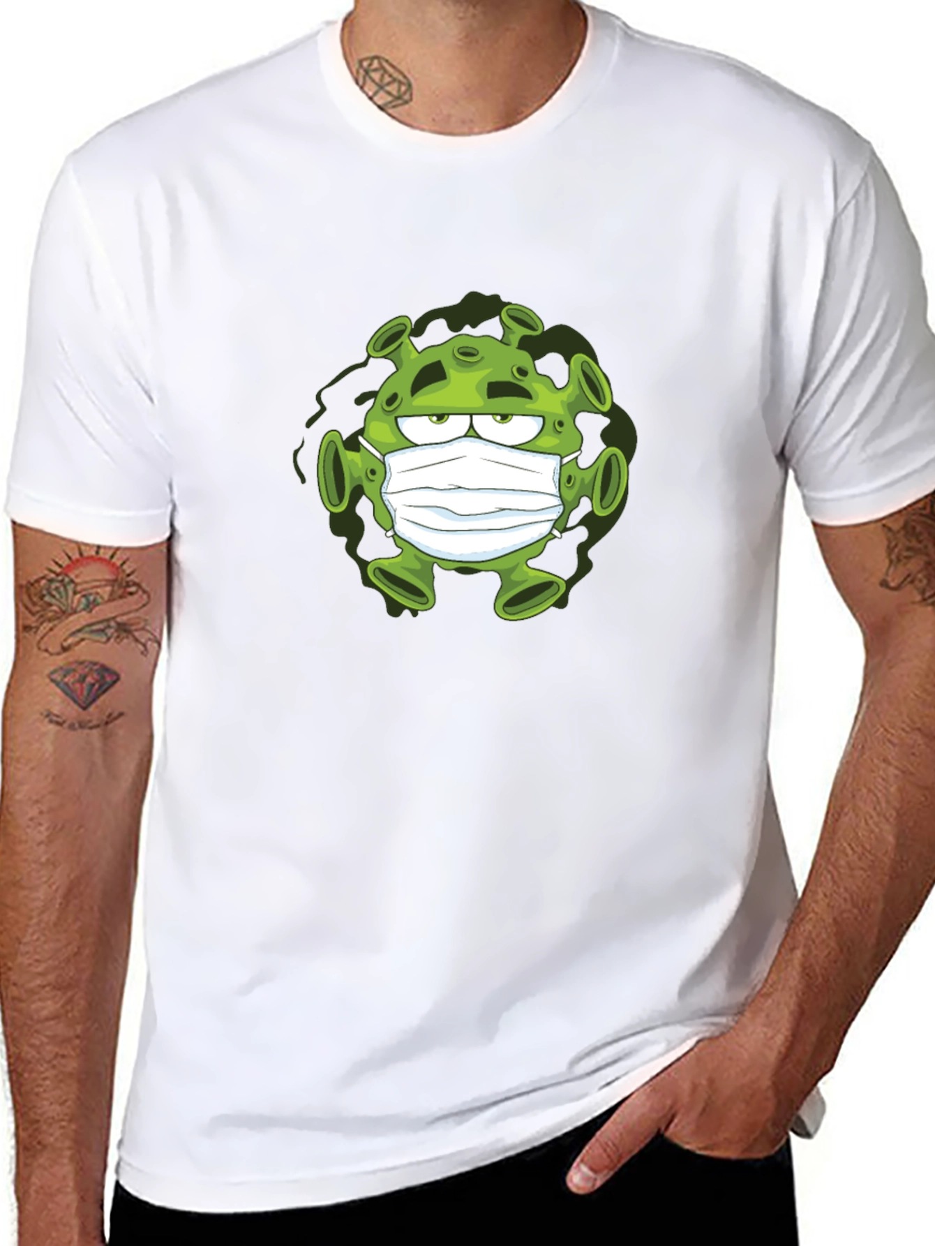 Cartoon Virus Wearing Mask Black T-Shirt