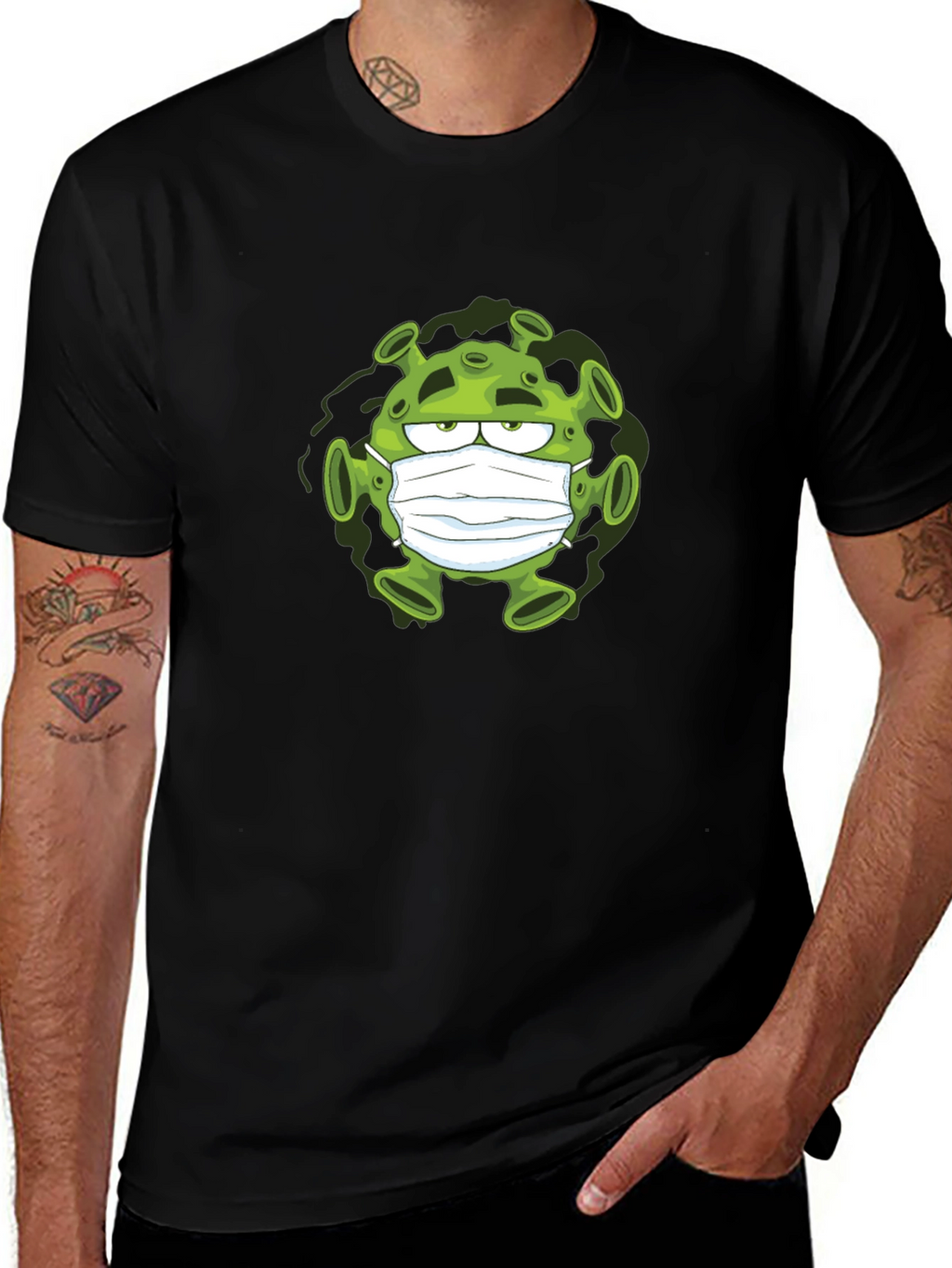 Cartoon Virus Wearing Mask Black T-Shirt