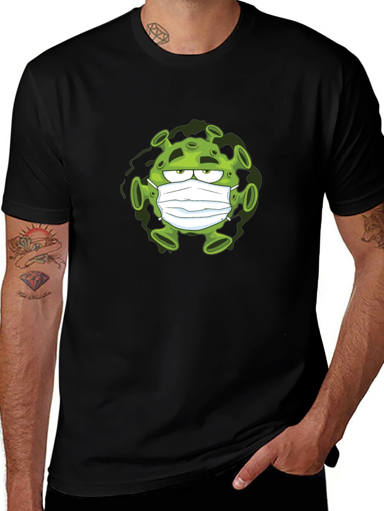 Cartoon Virus Wearing Mask Black T-Shirt