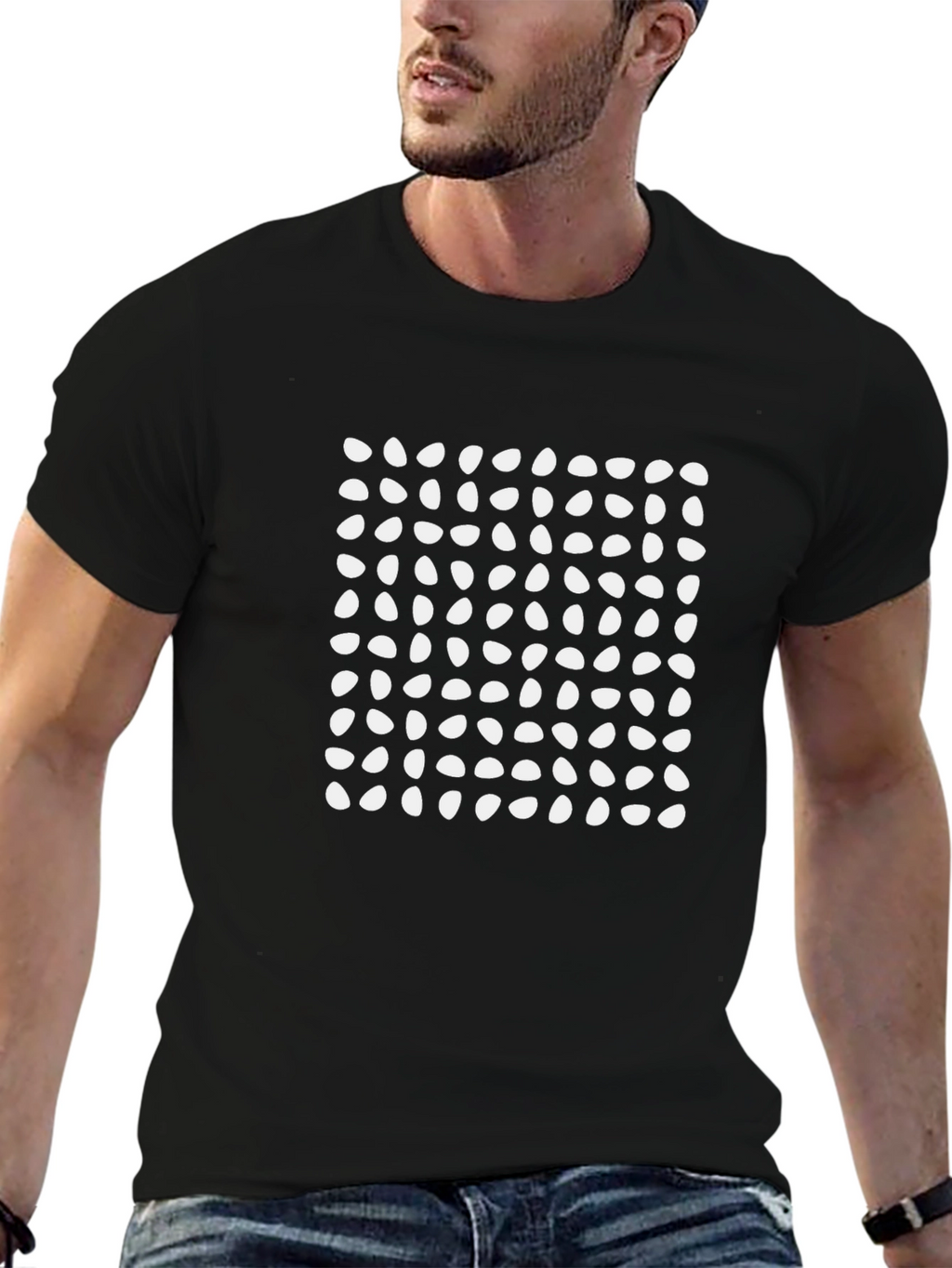 Modern Black T-Shirt with White Geometric Egg Pattern
