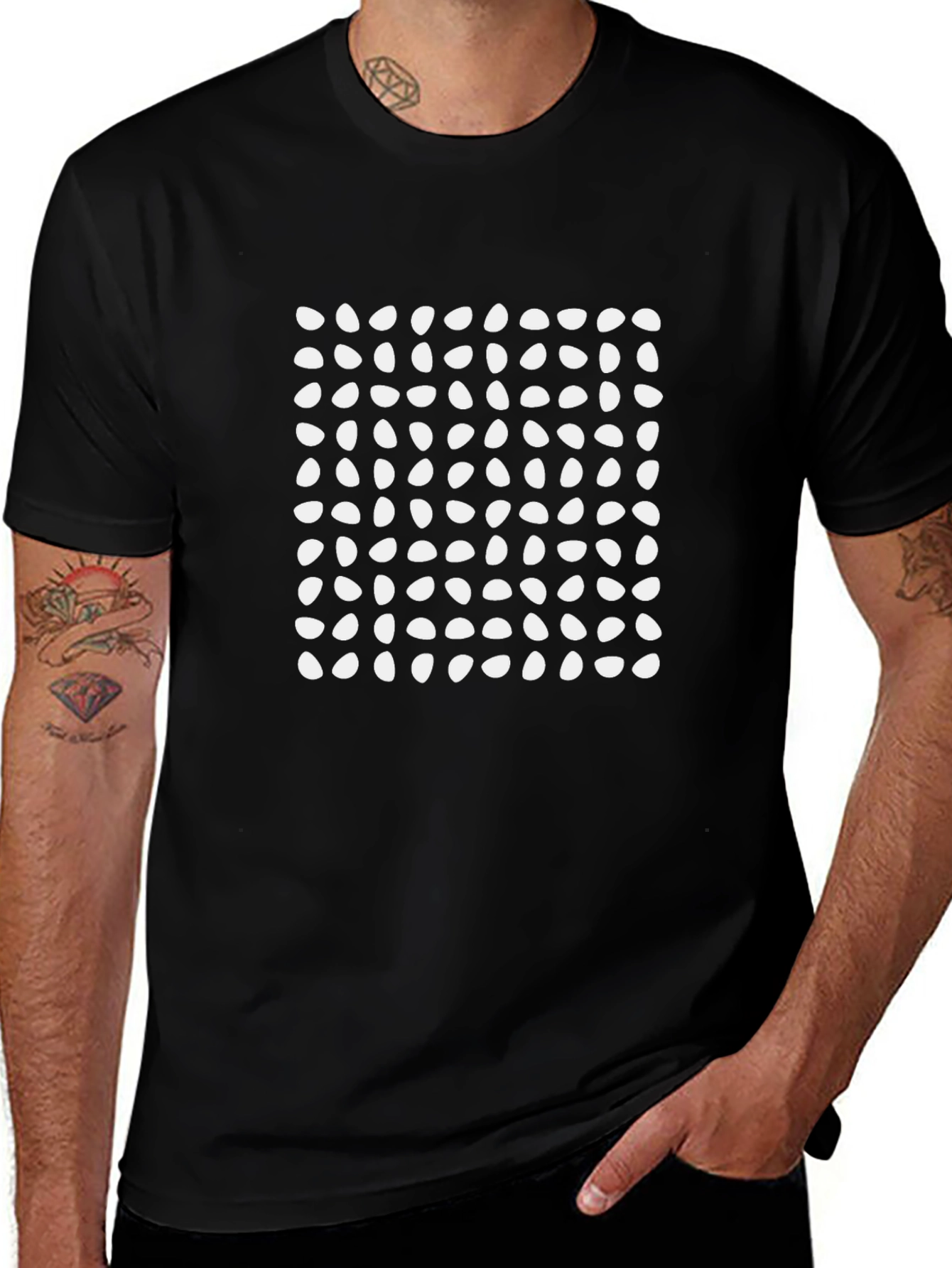 Modern Black T-Shirt with White Geometric Egg Pattern