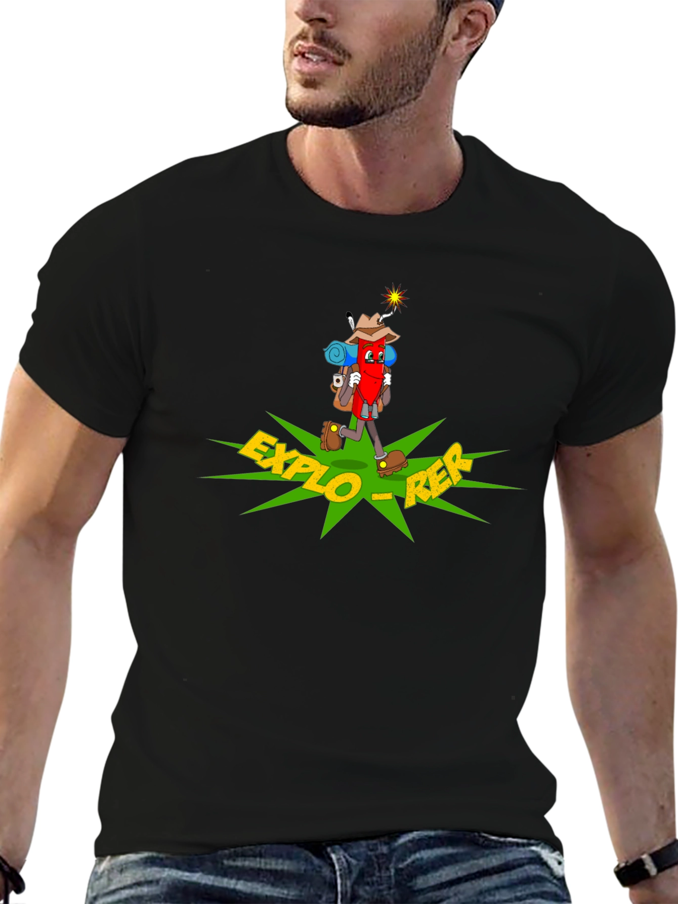 Explorer Cartoon T-Shirt - Black Cotton Adventure Tee