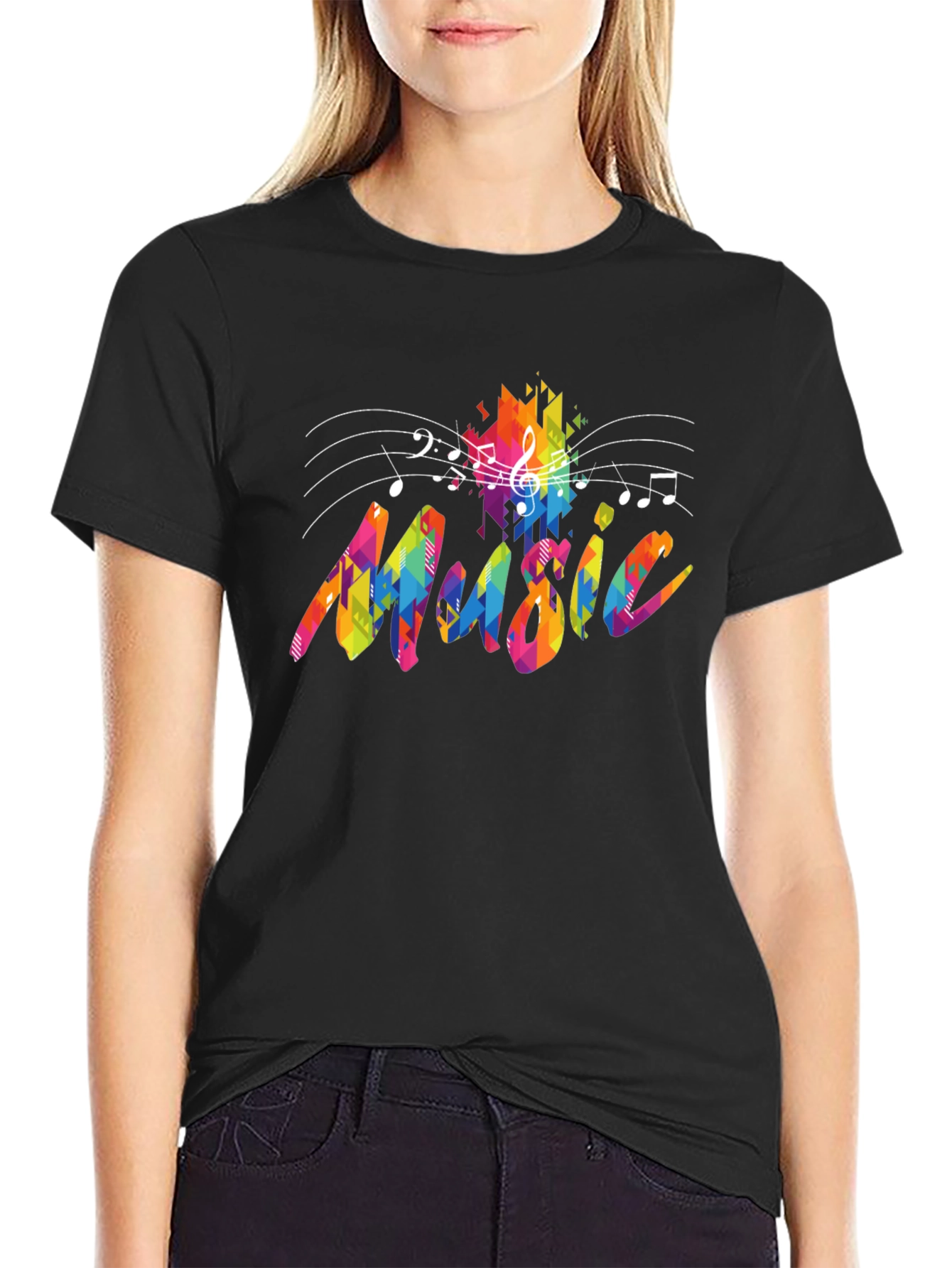 Colorful Music Notes Graphic Black T-Shirt