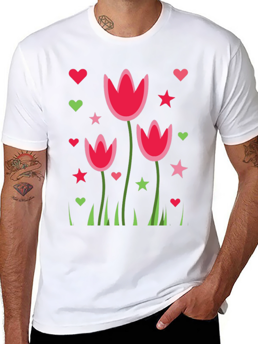 Floral Heart Star Print Black Casual T-Shirt