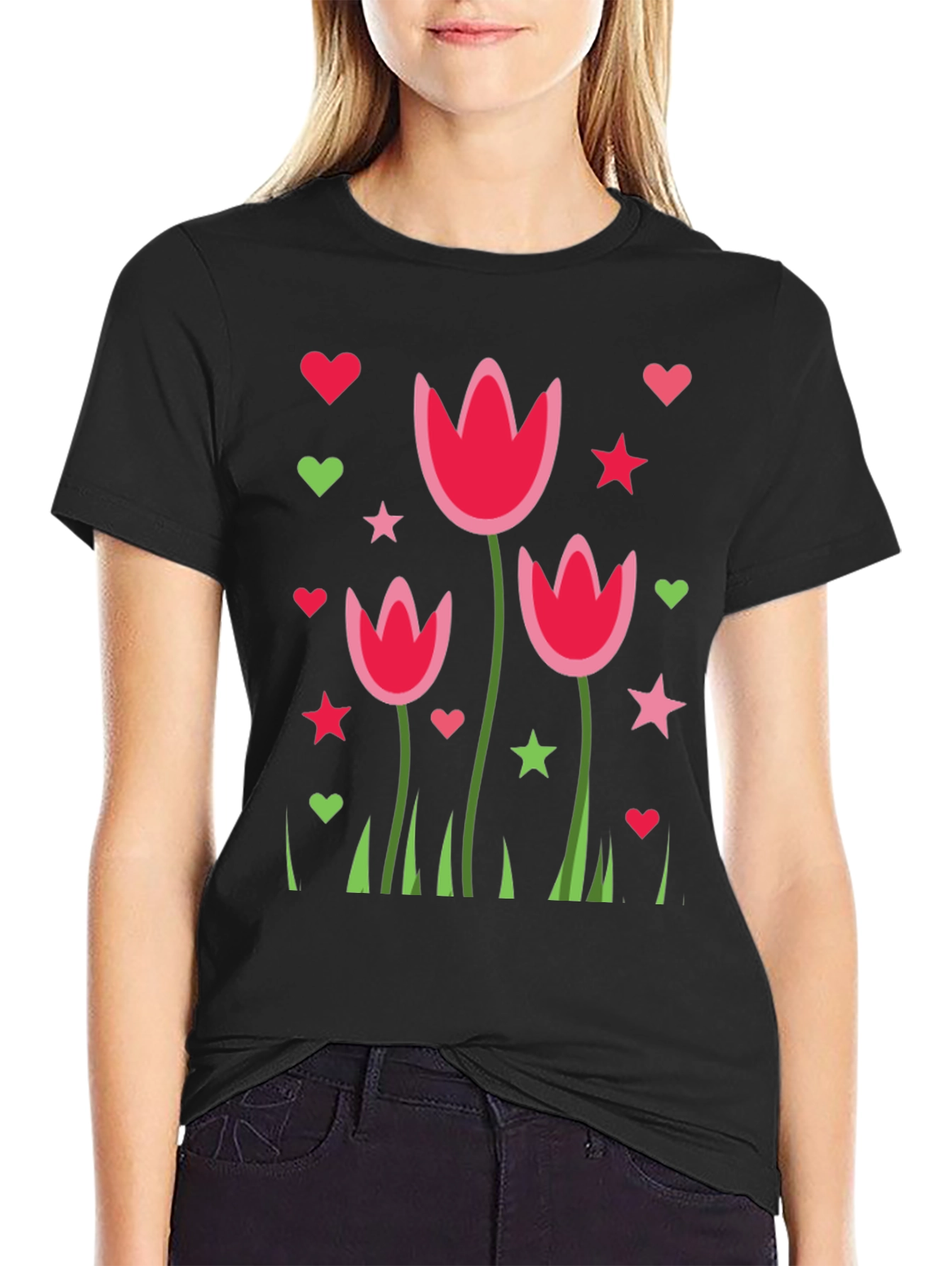Floral Heart Star Print Black Casual T-Shirt