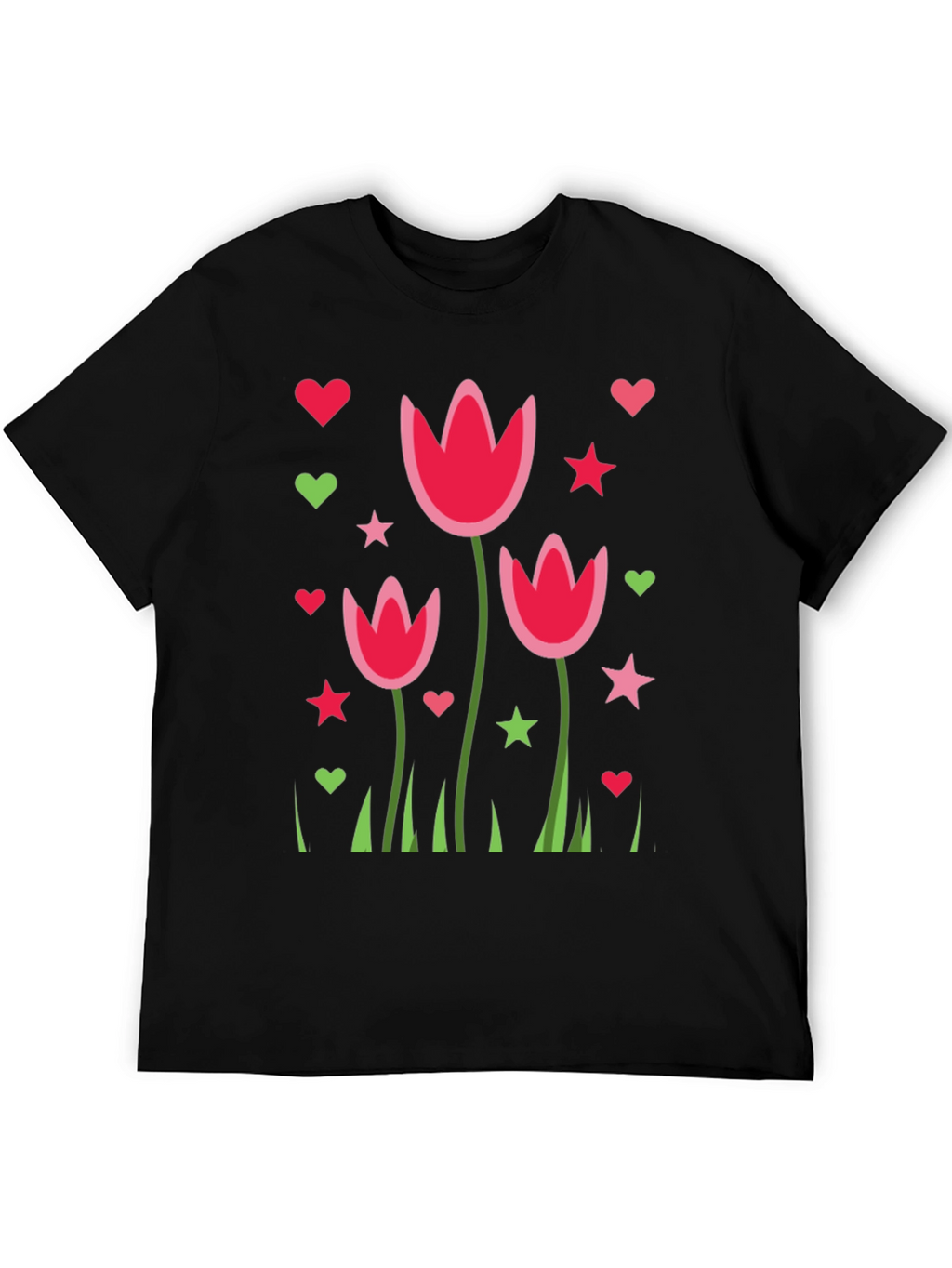 Floral Heart Star Print Black Casual T-Shirt