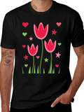 Floral Heart Star Print Black Casual T-Shirt