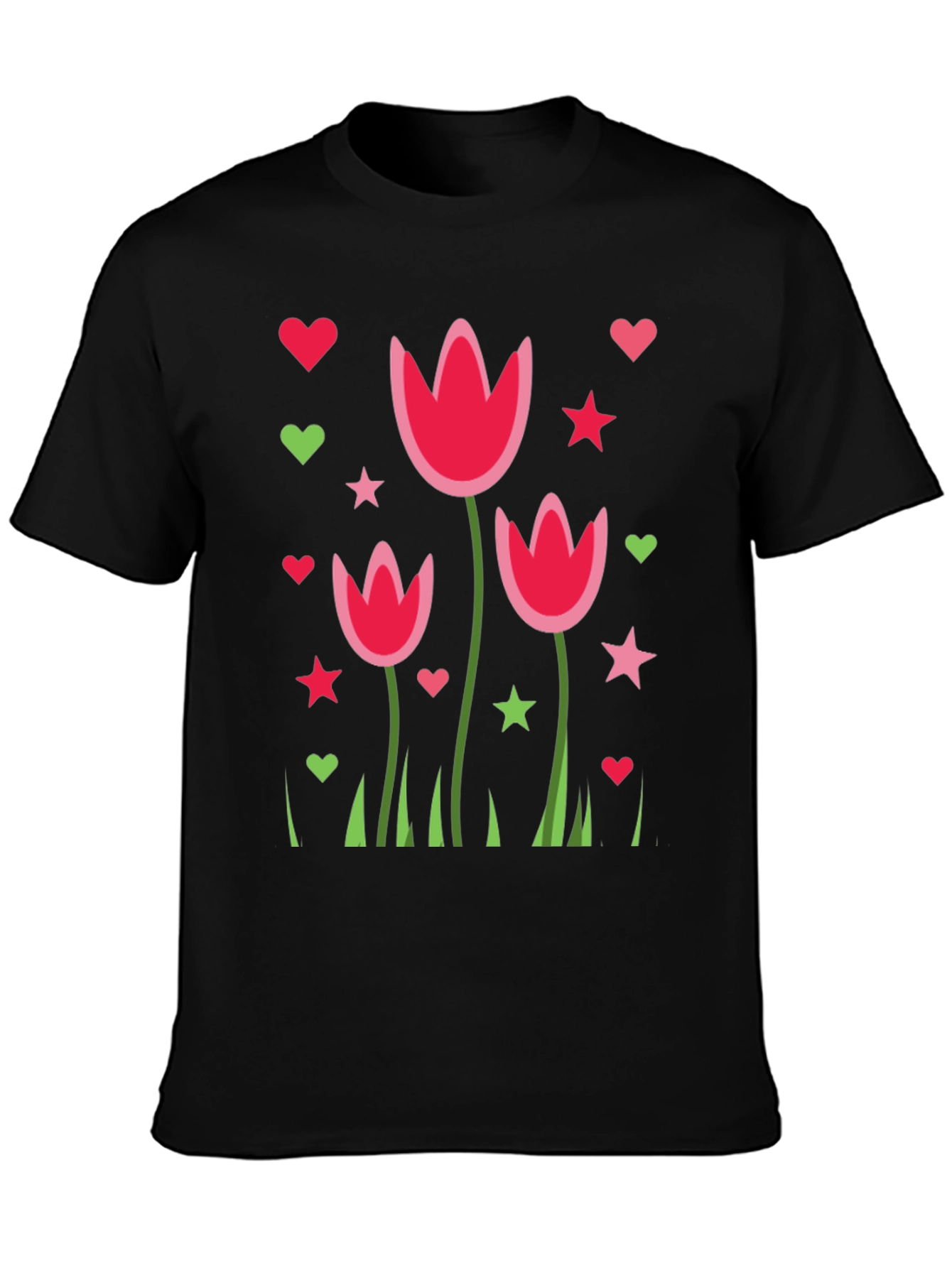 Floral Heart Star Print Black Casual T-Shirt