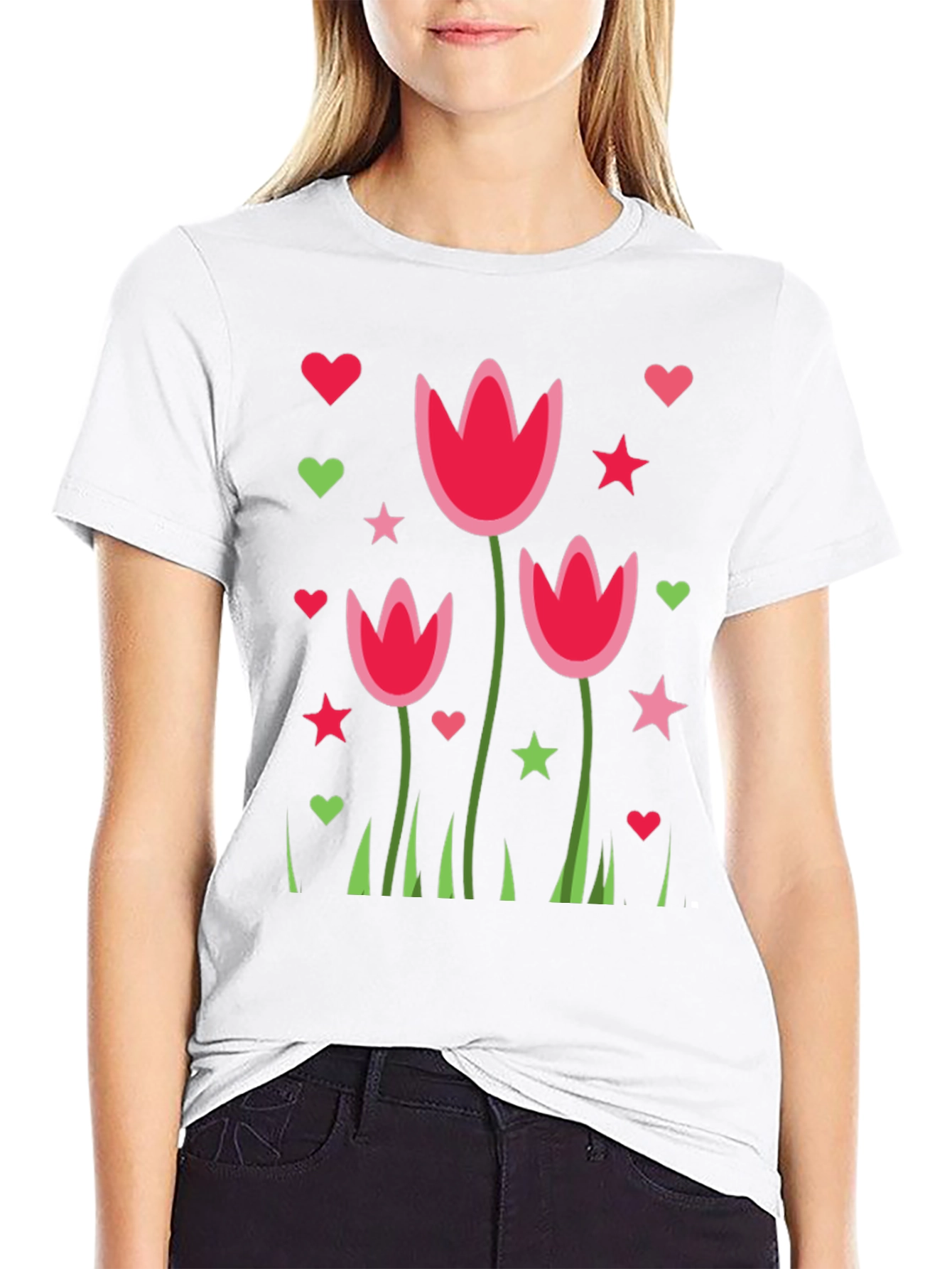 Floral Heart Star Print Black Casual T-Shirt