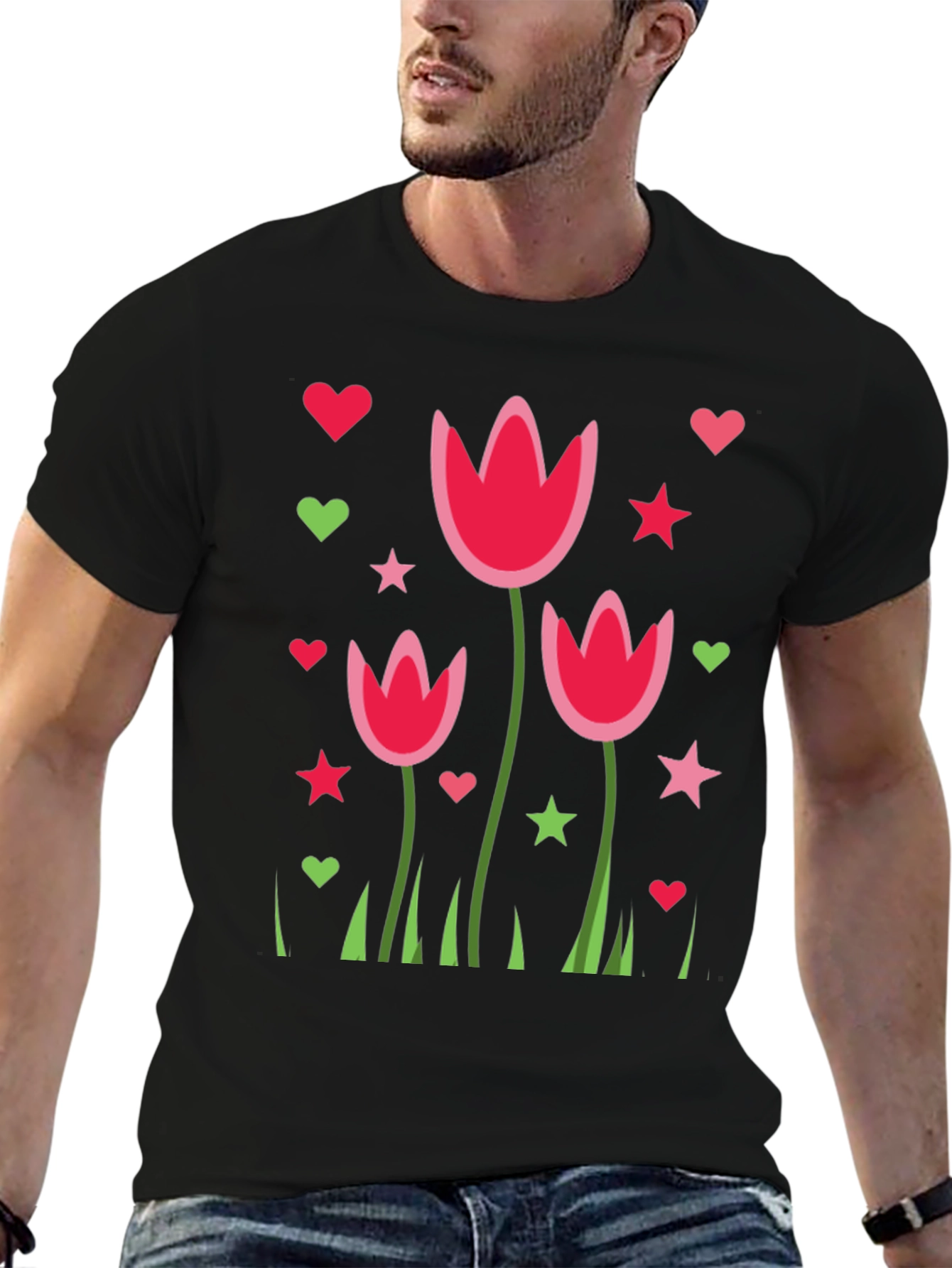 Floral Heart Star Print Black Casual T-Shirt