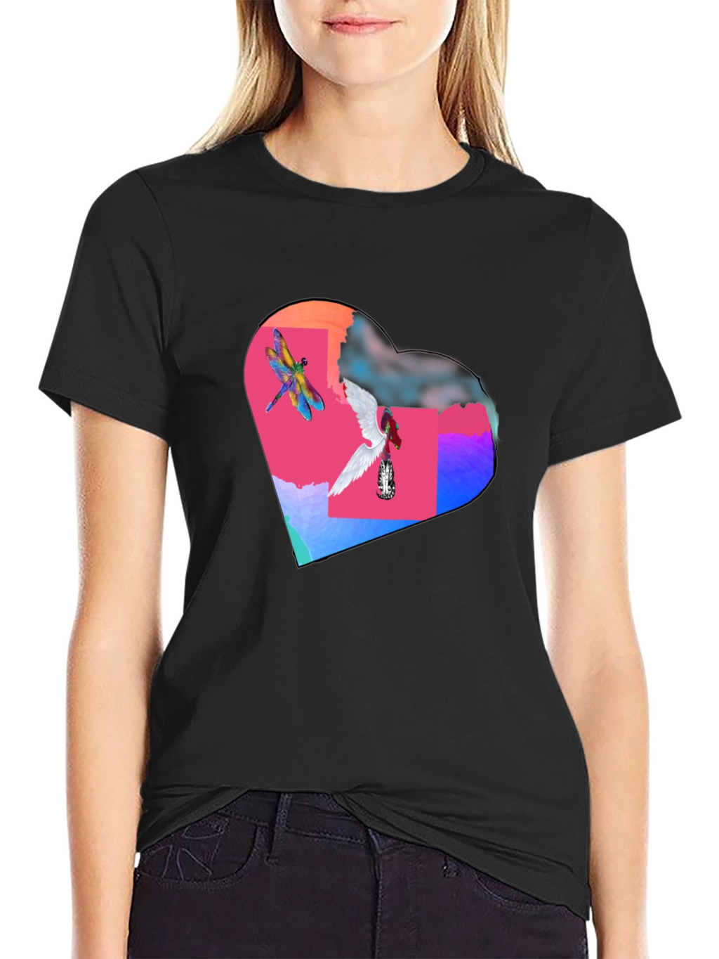 Dragonfly Angel Heart Graphic Black T-Shirt