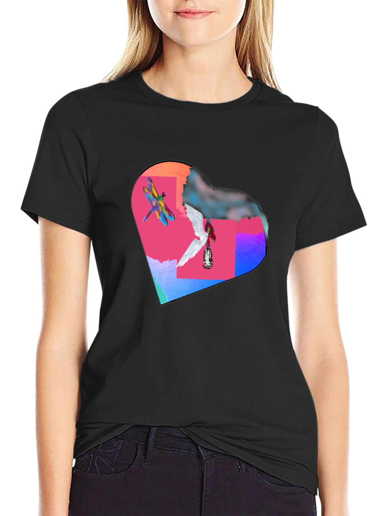 Dragonfly Angel Heart Graphic Black T-Shirt
