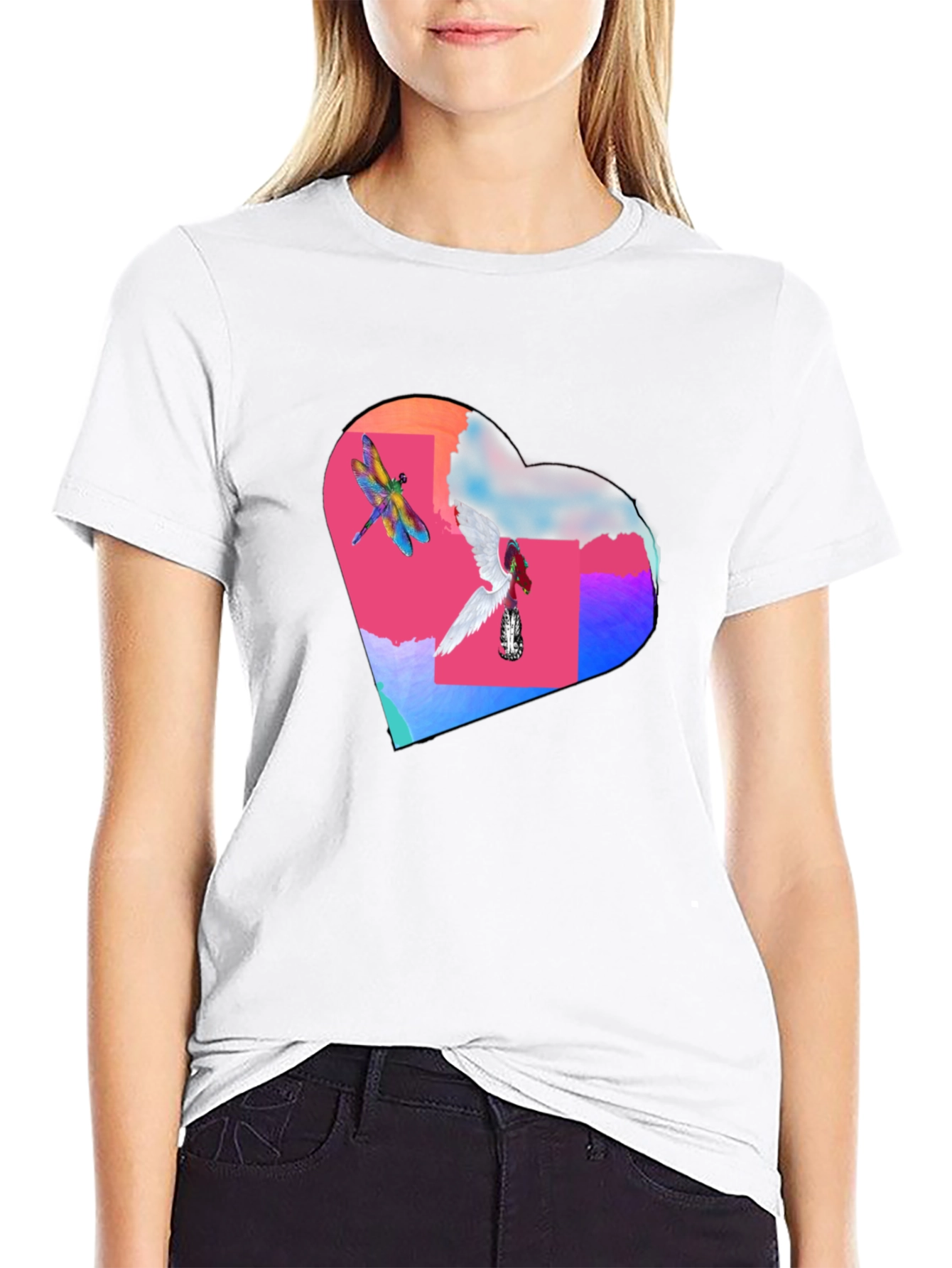 Dragonfly Angel Heart Graphic Black T-Shirt