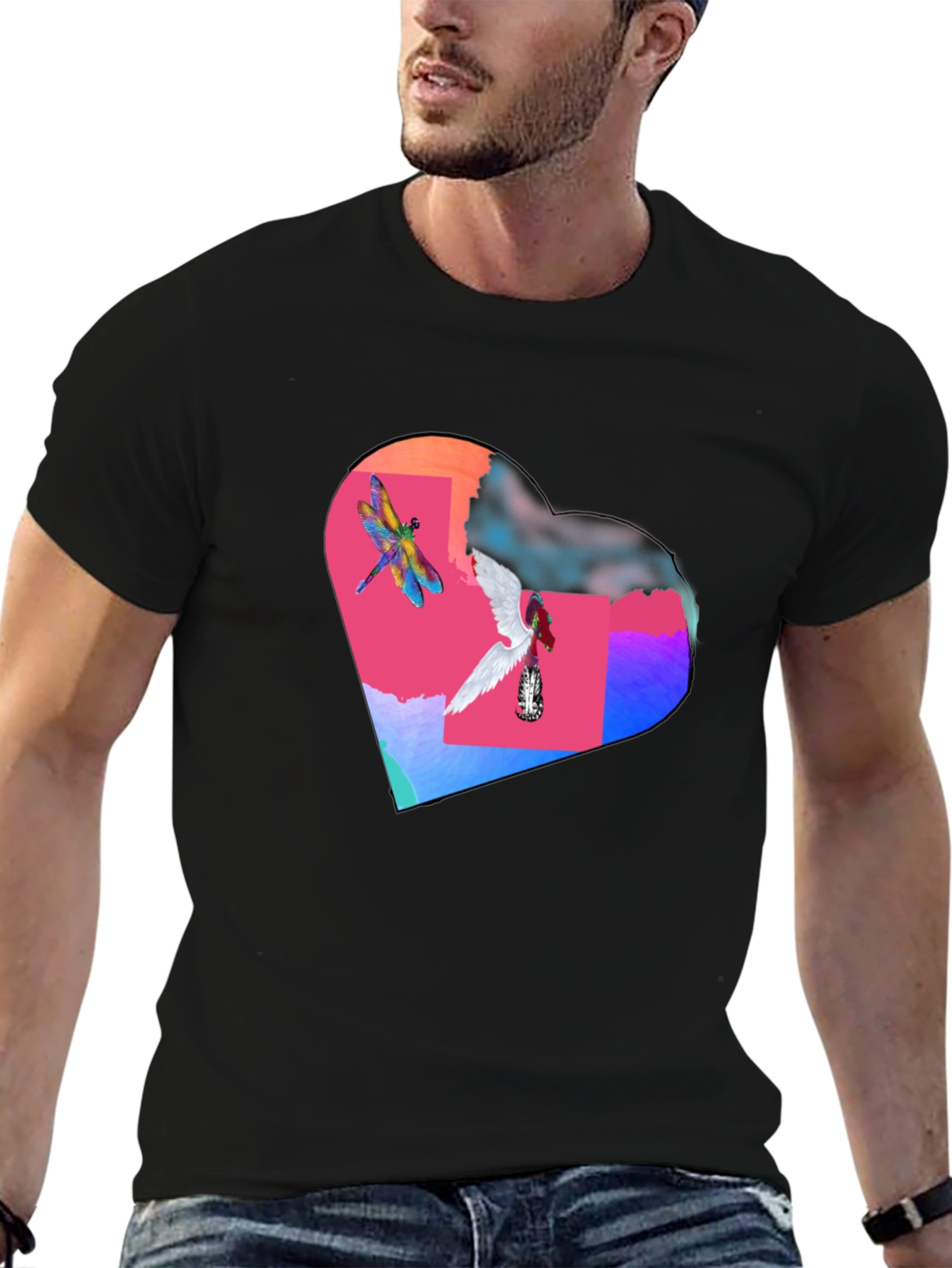 Dragonfly Angel Heart Graphic Black T-Shirt