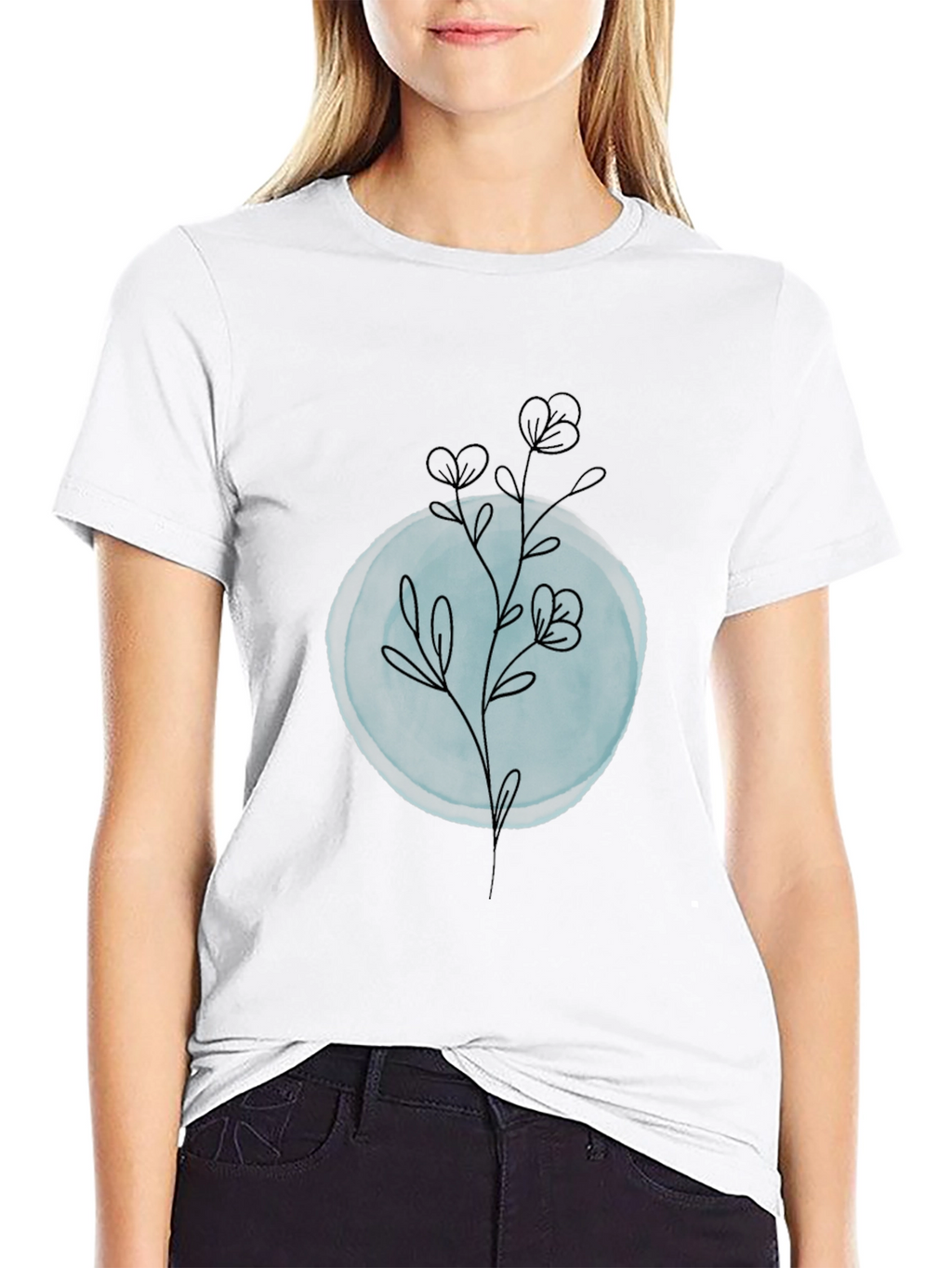 Black T-Shirt with Minimalist Floral Design
