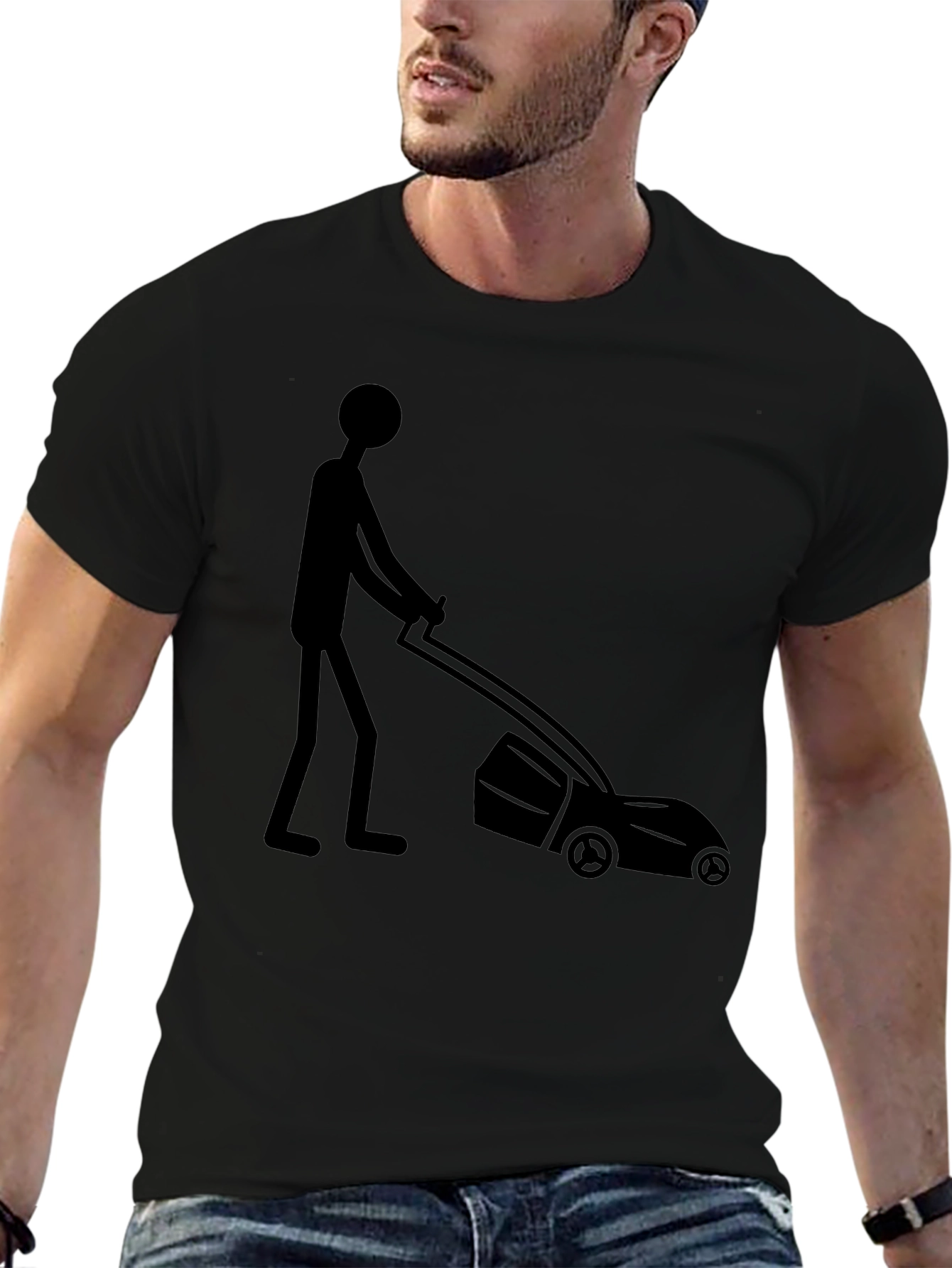 Man Mowing Lawn Graphic Tee - Black