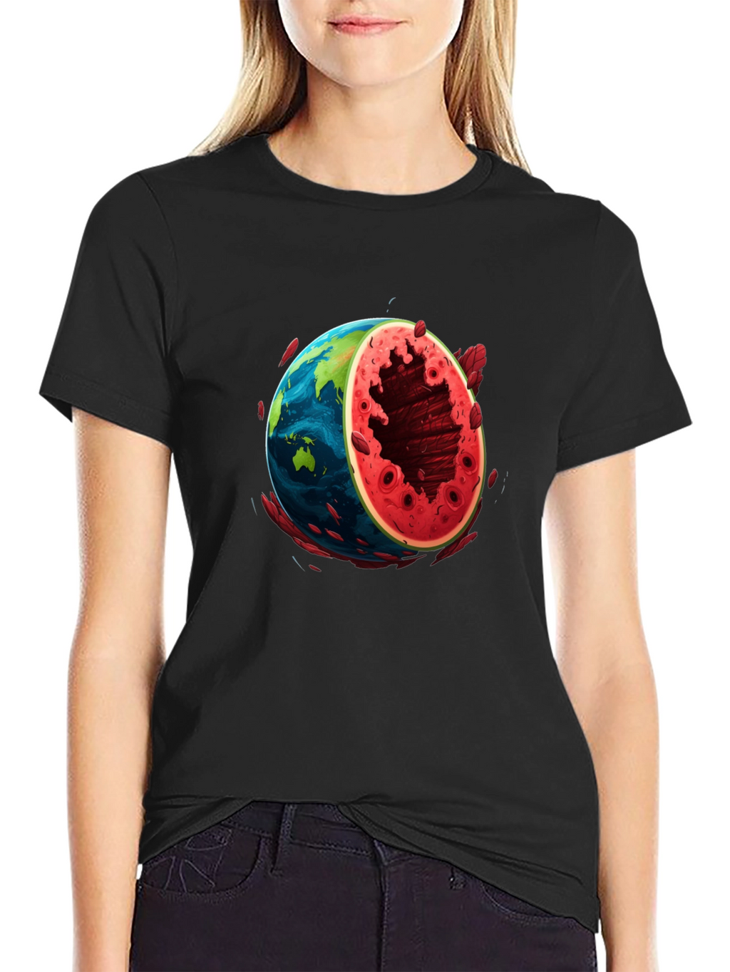 Earth Watermelon Graphic Tee - Black Cotton T-Shirt