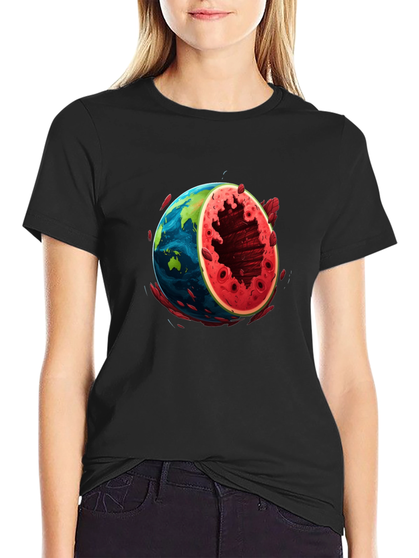 Earth Watermelon Graphic Tee - Black Cotton T-Shirt