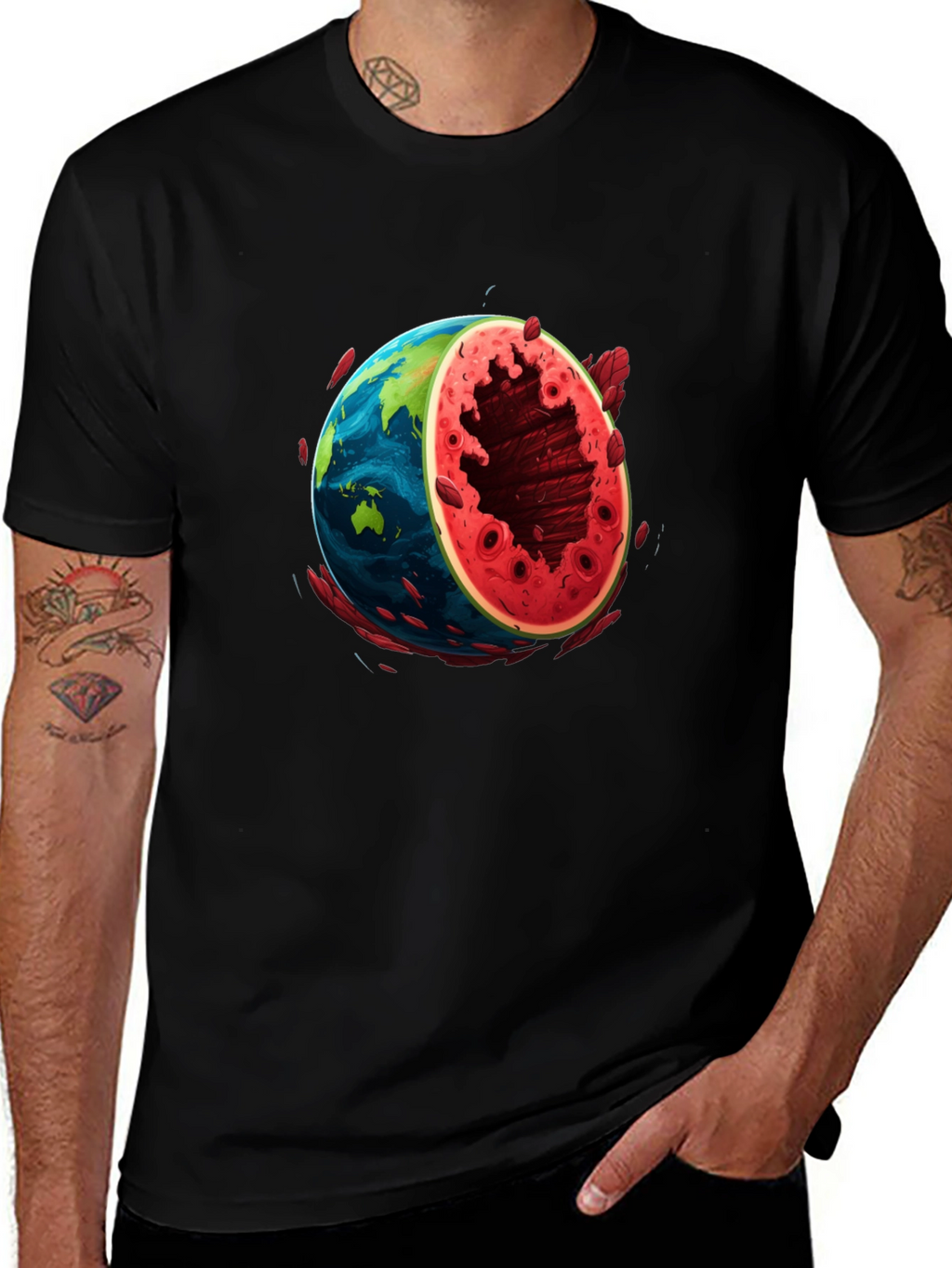Earth Watermelon Graphic Tee - Black Cotton T-Shirt