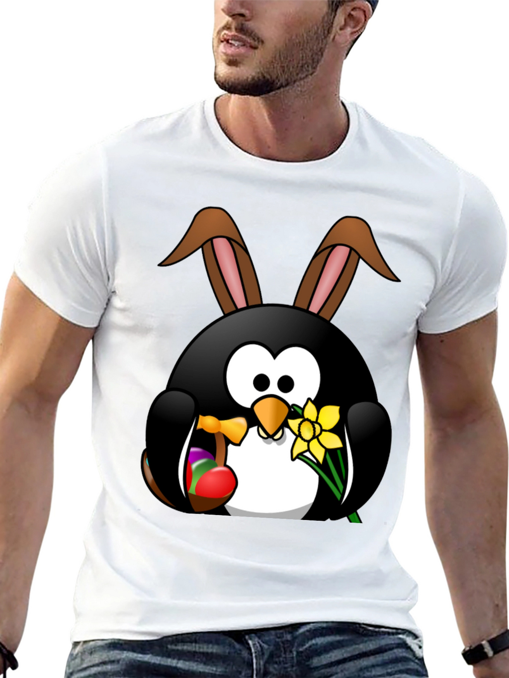 Easter Penguin Bunny Black T-Shirt
